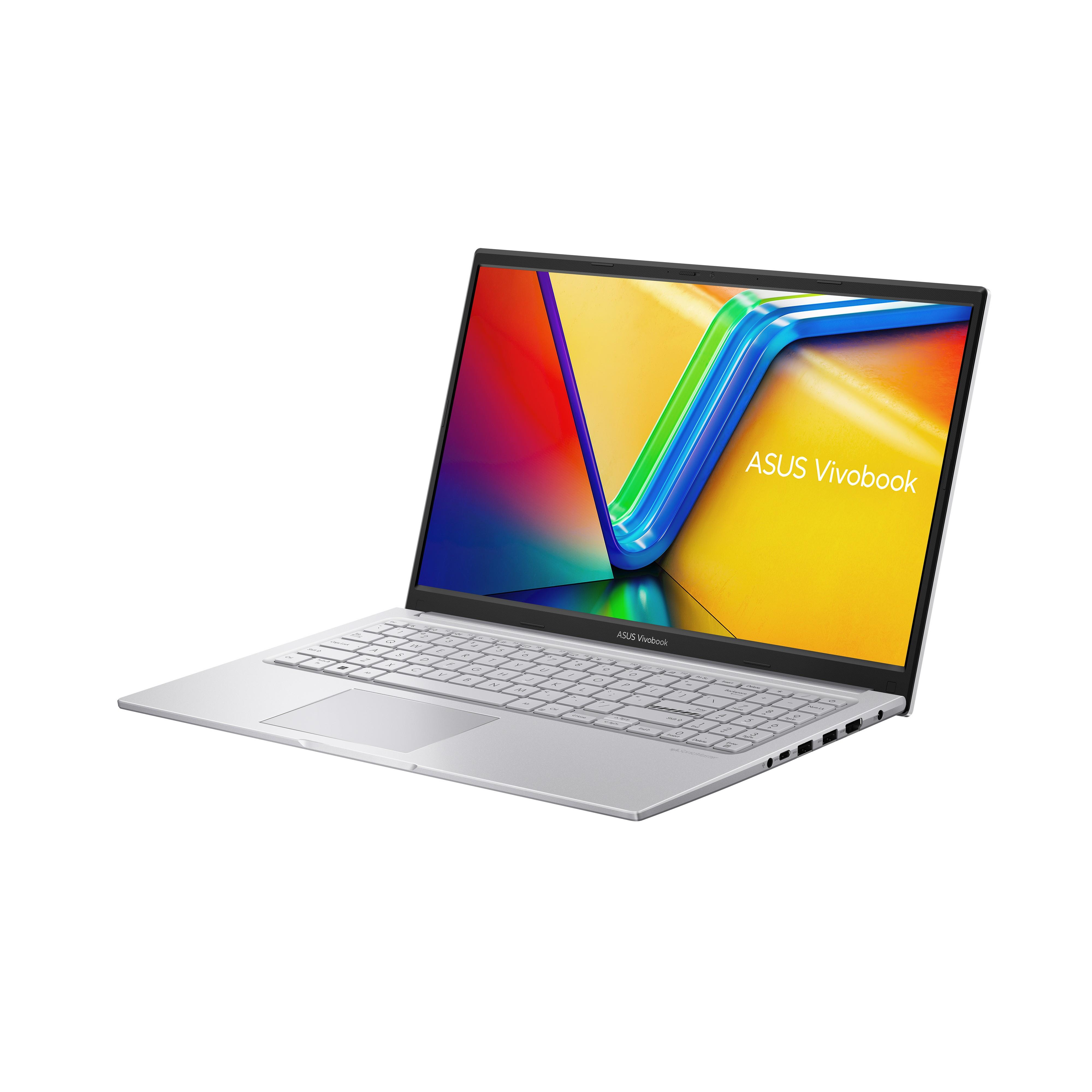 Portátil plateado con pantalla colorida mostrando el logo ASUS Vivobook.