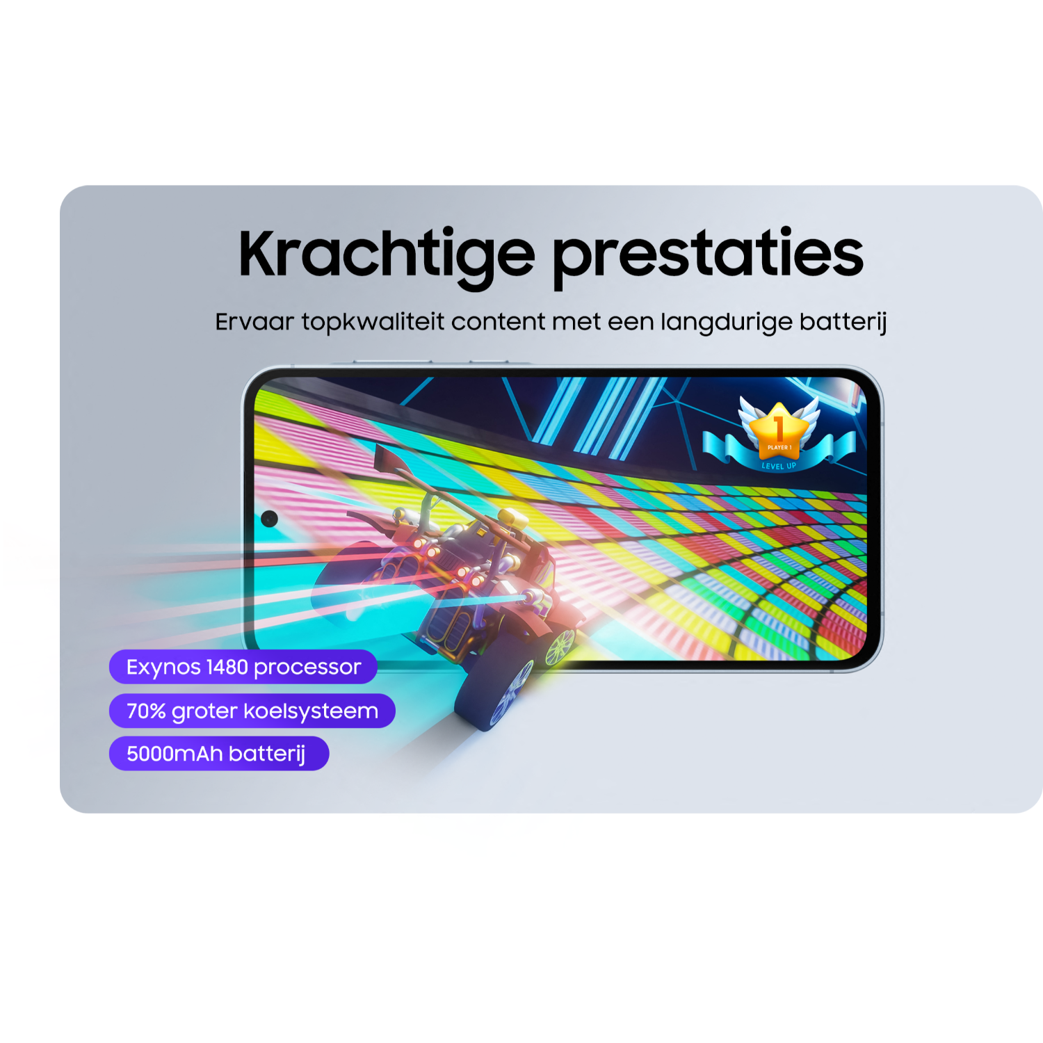 Telefoonscherm toont raceautospel, omgeven door tekst.