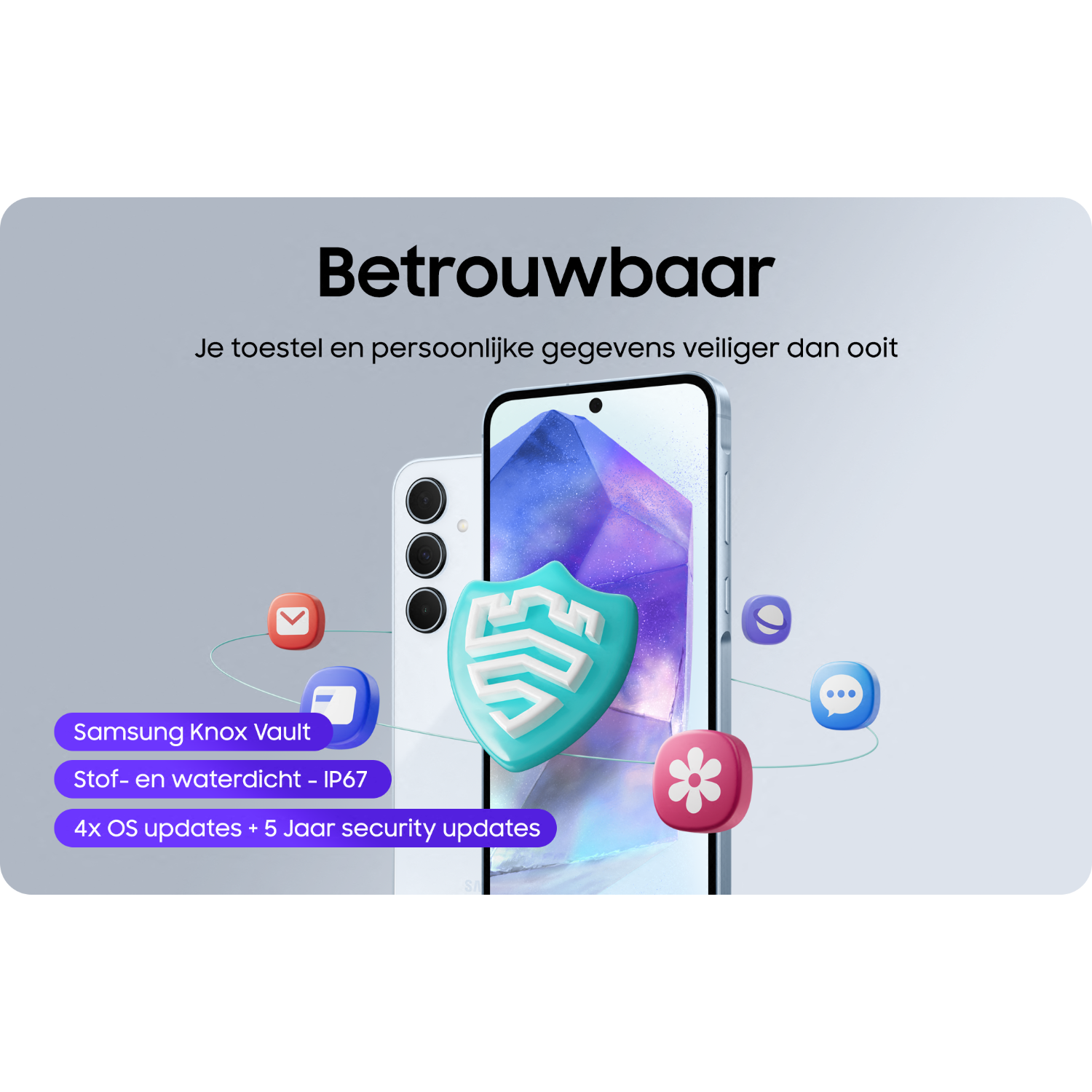 Afbeelding toont een telefoon met een schildpictogram en beveiligingsfuncties. Tekst bevat 'Betrouwbaar' en 'Samsung Knox Vault'.