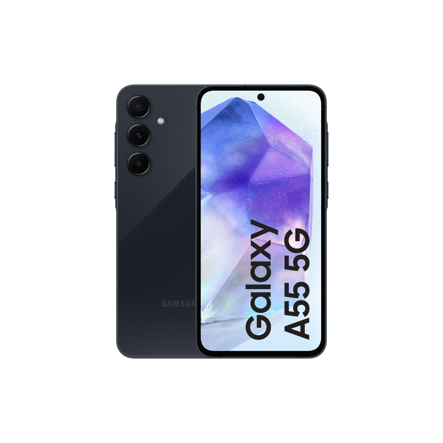 Een donkerblauwe Samsung Galaxy A55 5G telefoon. Het toont de achterkant van de telefoon met cameralenzen en het scherm.