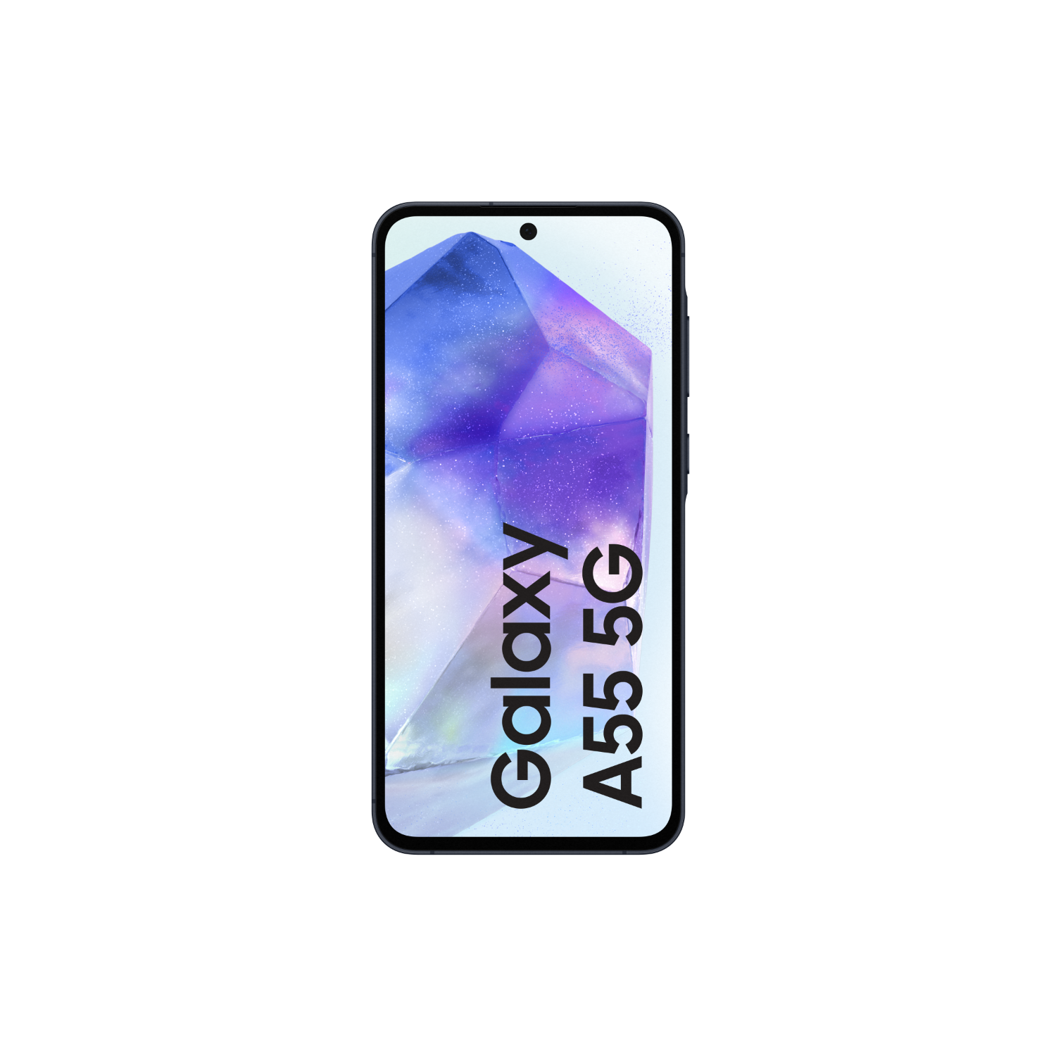Zwart Samsung Galaxy A55 5G smartphone scherm met een kleurrijke afbeelding, zwarte achtergrond.
