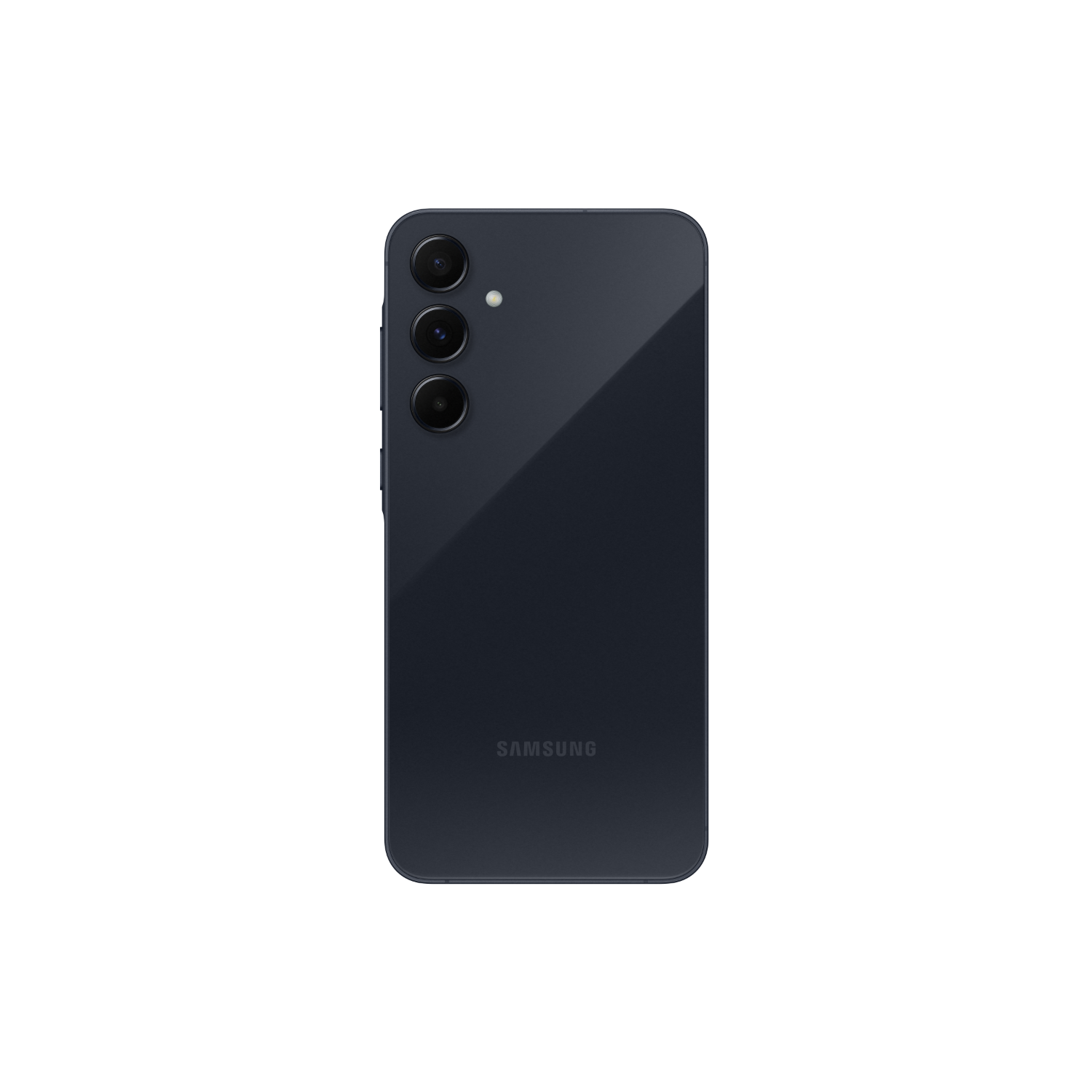 Een smartphone achterkant, marineblauw, met drie cameralenzen op een zwarte achtergrond.