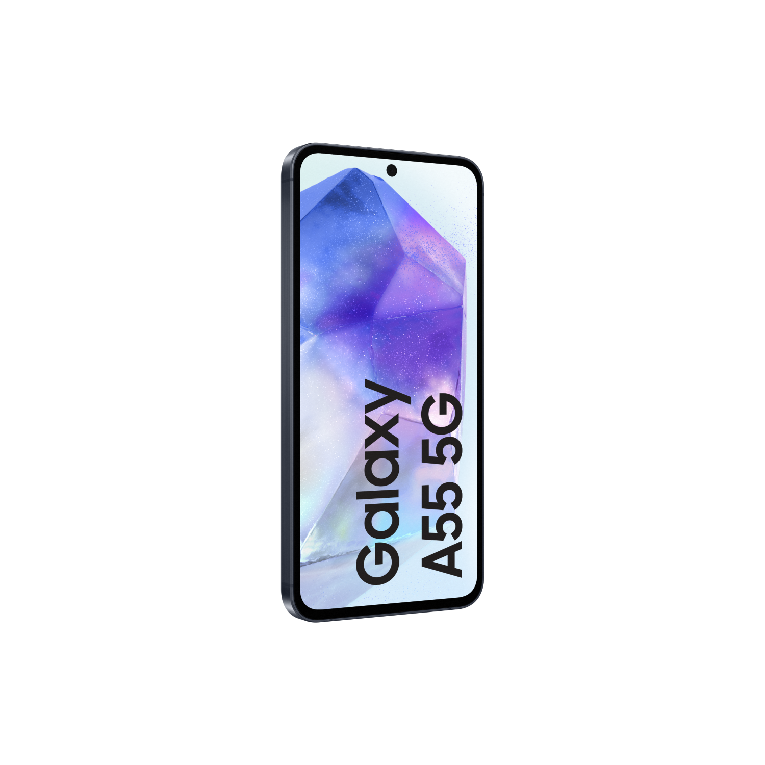 Een Samsung Galaxy A55 5G smartphone op een zwarte achtergrond, schuine weergave.