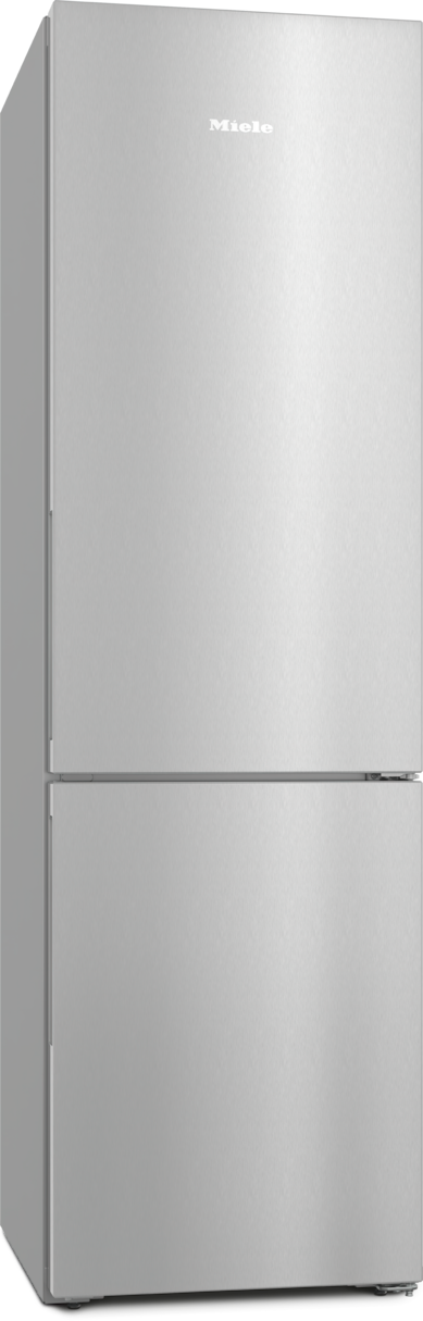 Ein hoher silberner Miele-Kühlschrank mit geschlossener Tür.