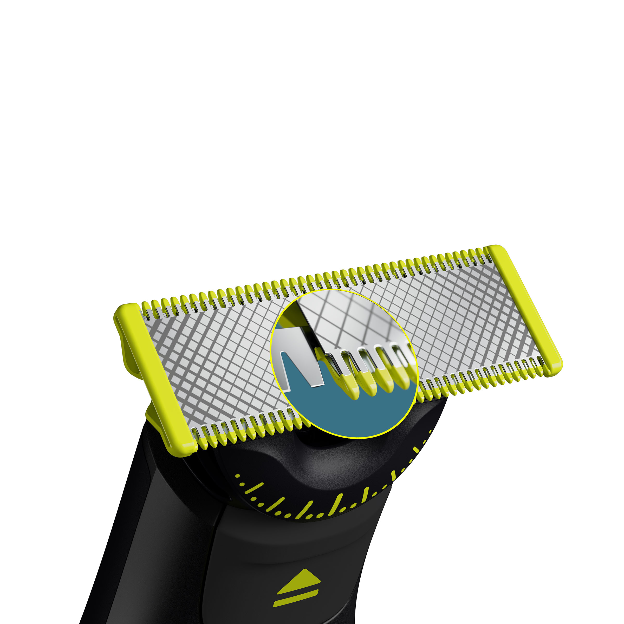 Zbliżenie głowicy golarki Philips OneBlade z widokiem szczegółowym.