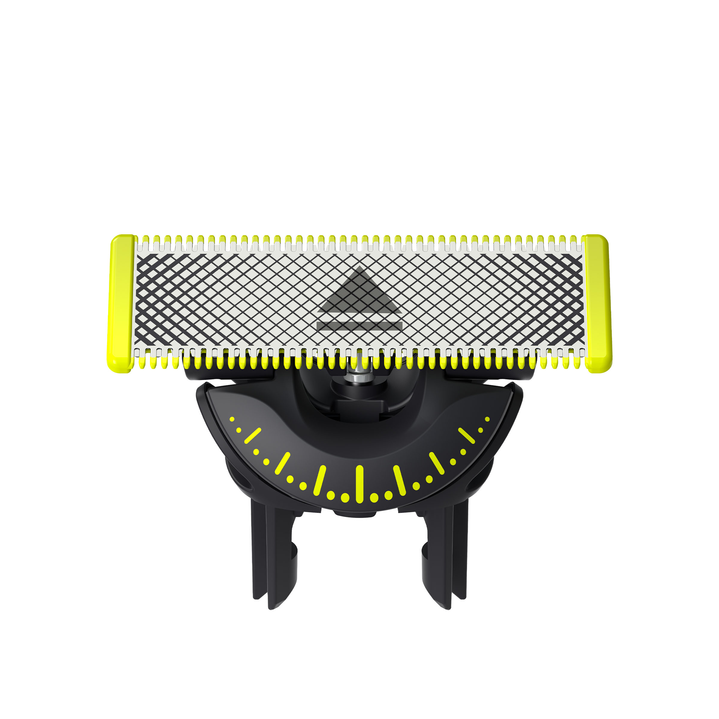 Zbliżenie głowicy golarki z regulowanymi ustawieniami. Czarno-żółty design, z osłoną z siatki.