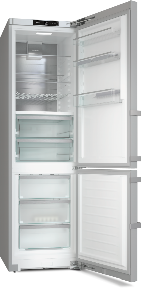 Silberner Miele-Kühlschrank, geöffnet, Inhalt sichtbar.
