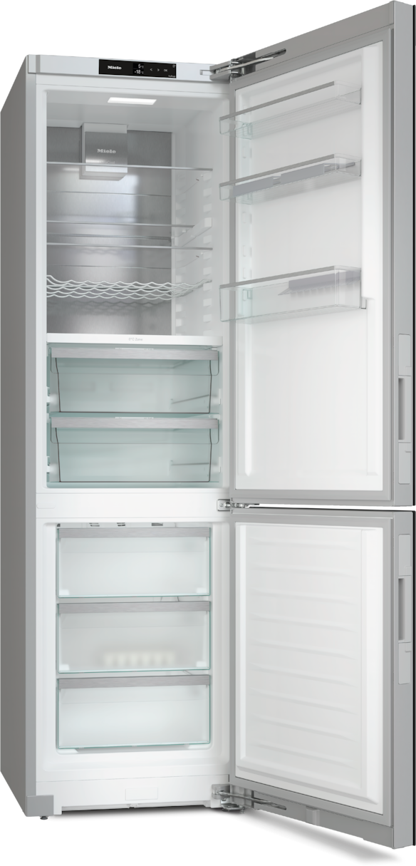 Ein Kühlschrank mit offenen Türen, der Regale und Schubladen zeigt. Der Innenraum ist hellweiß.