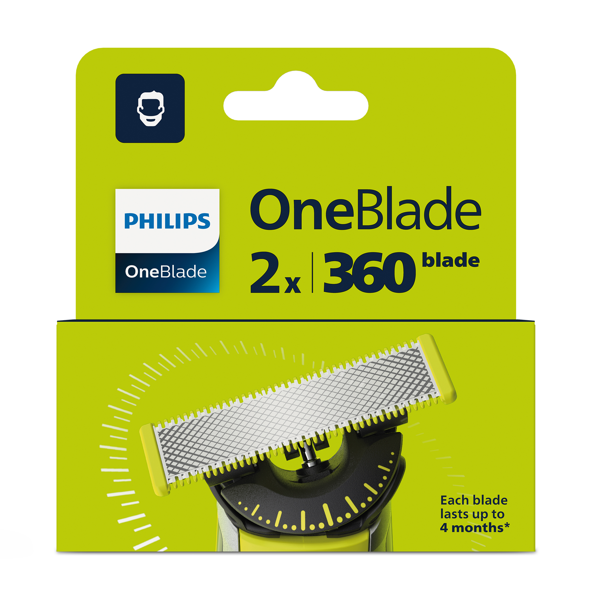 Opakowanie ostrzy Philips OneBlade 360. Ostrze jest widoczne wewnątrz pudełka.