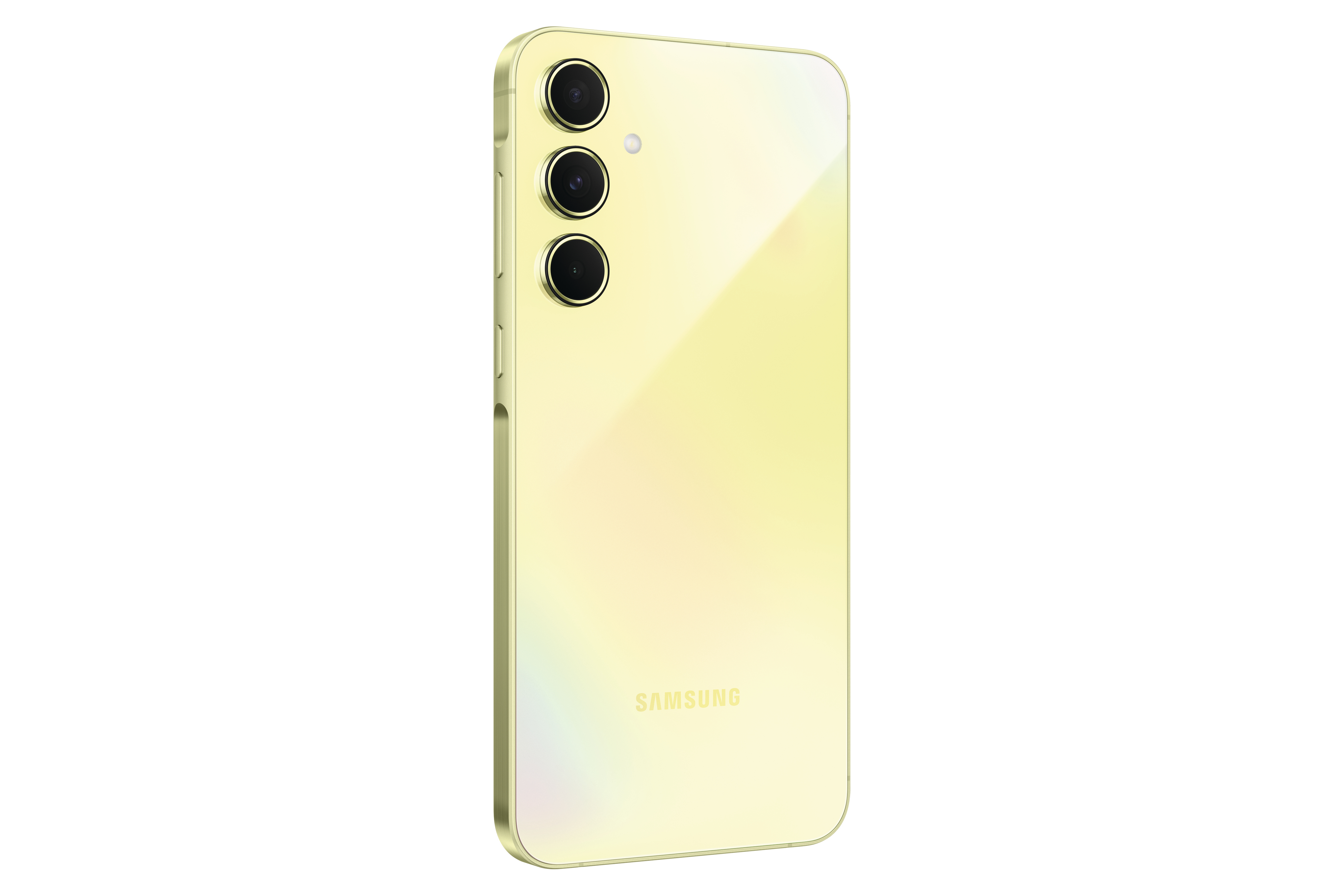 Rückansicht eines gelben Smartphones mit drei Kameras und dem Samsung-Logo.