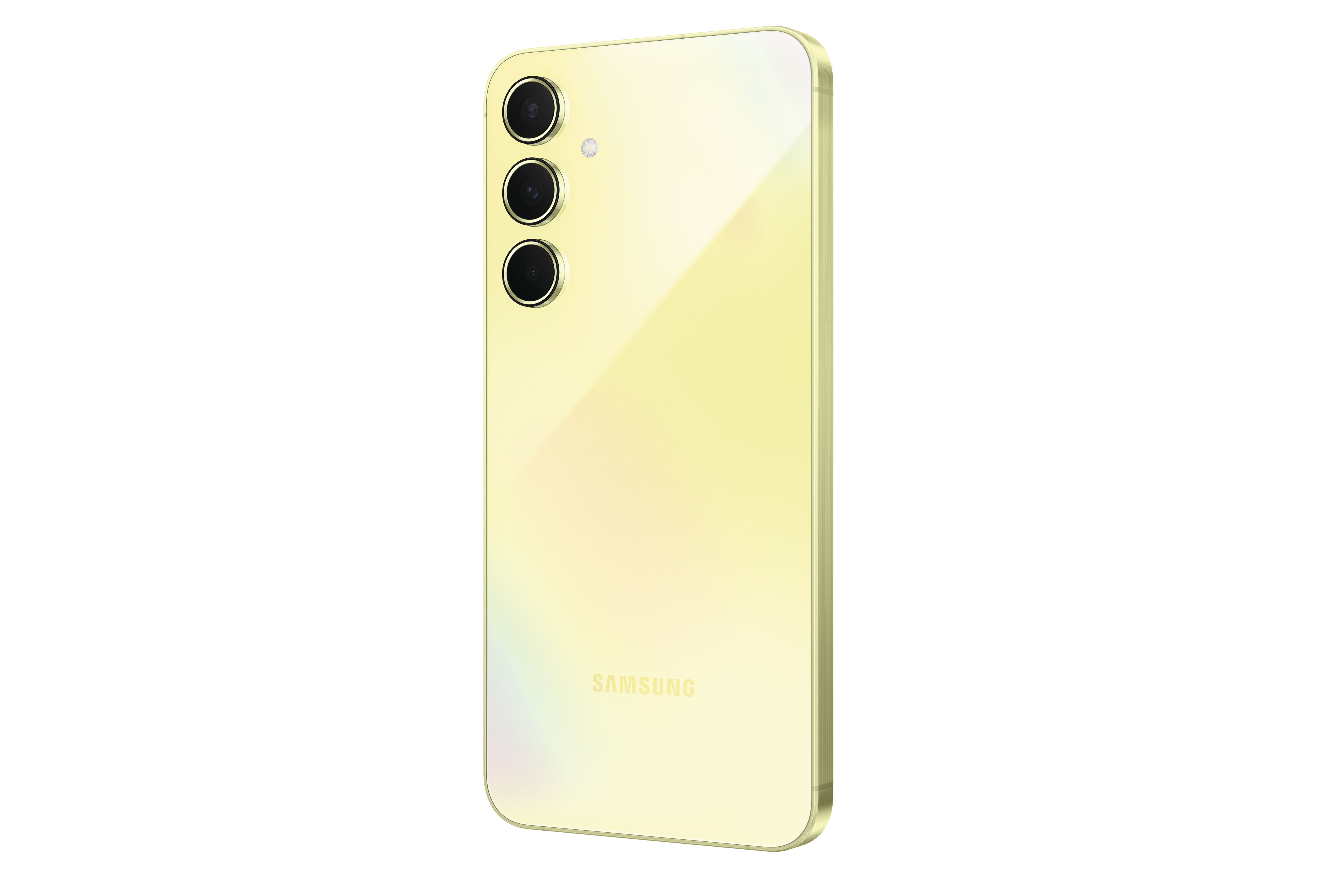 Gelbes Telefon mit drei Kameras auf der Rückseite, weißer Hintergrund.