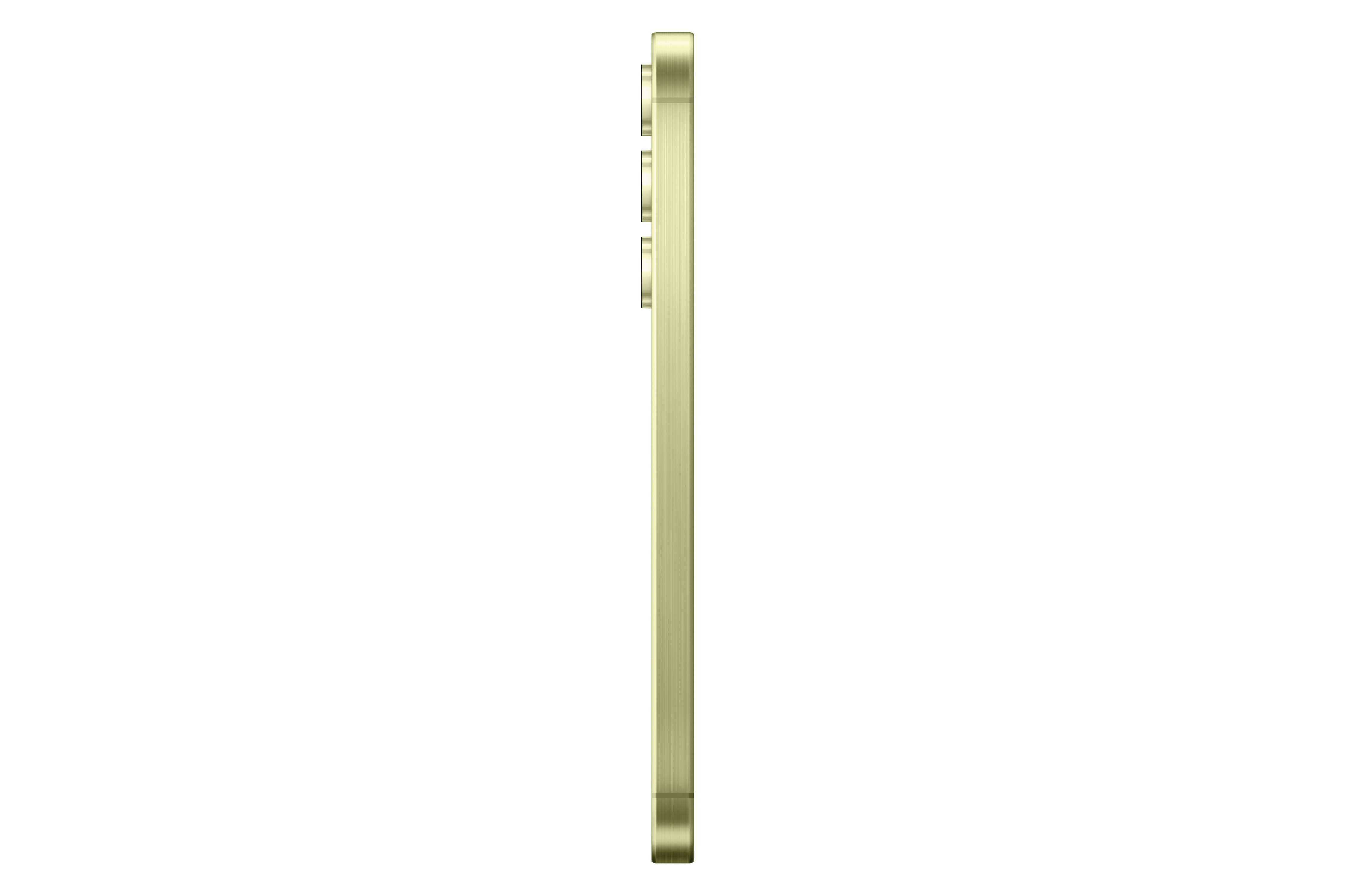 Seitenansicht eines goldenen Telefons, weißer Hintergrund.