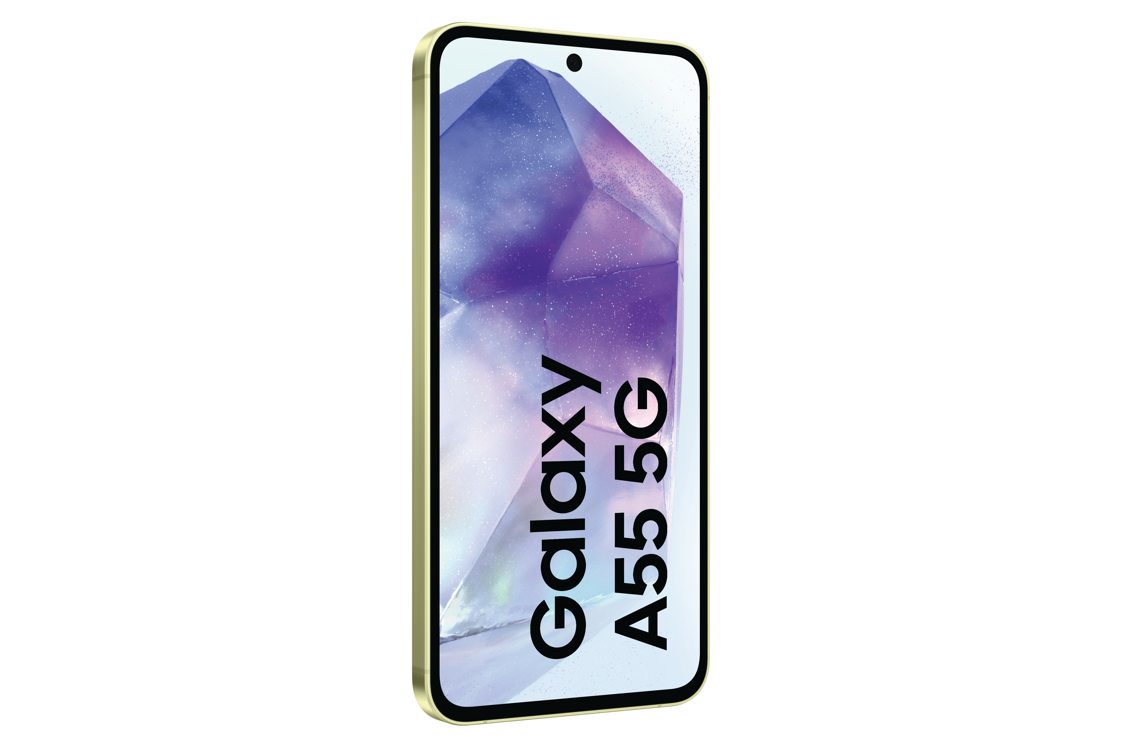 Goldgerahmtes Smartphone. Display zeigt Text 'Galaxy A55 5G'. Lila und weißer Hintergrund.