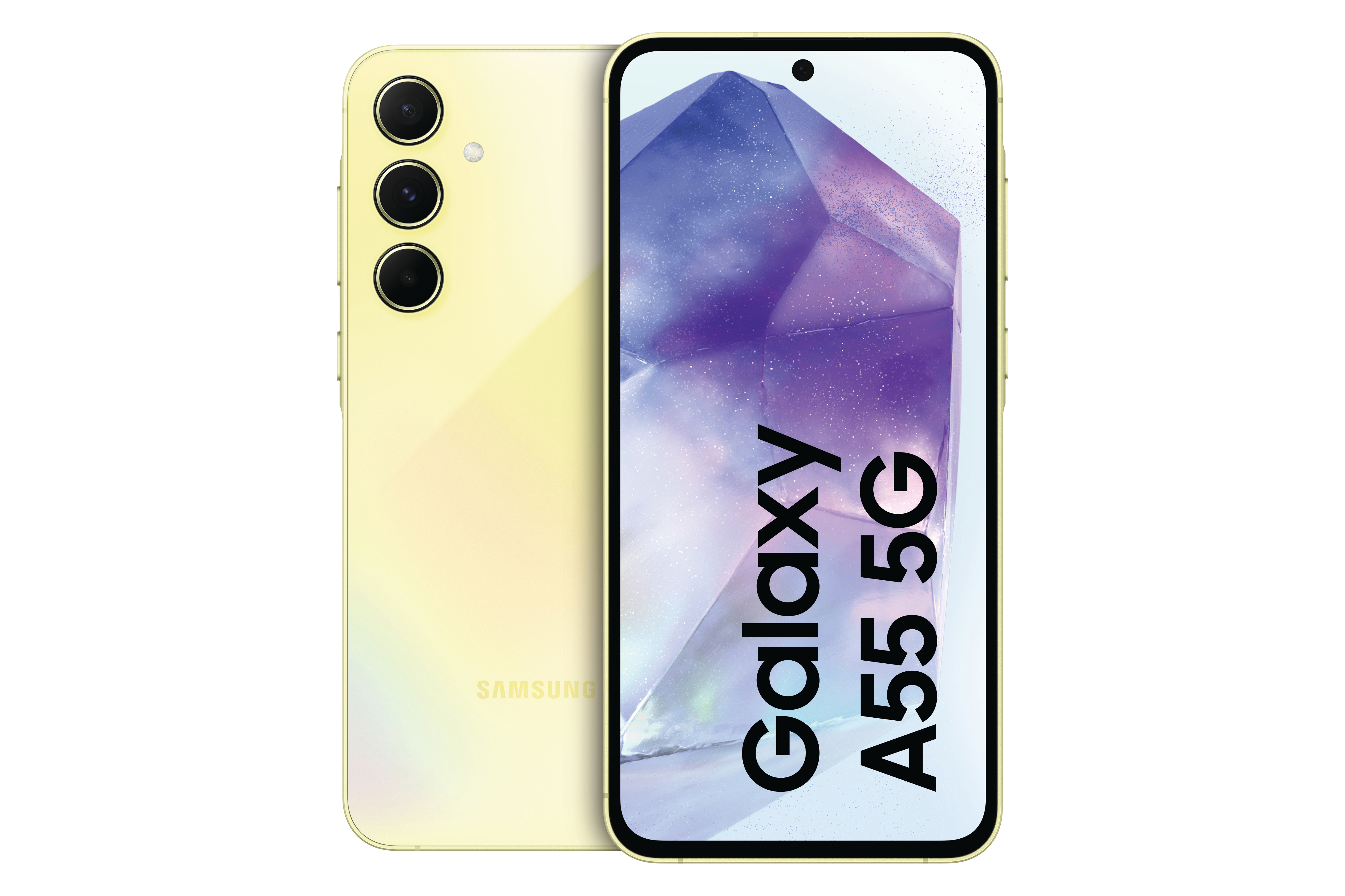 Gelbes Samsung Galaxy A55 5G Telefon, Rück- und Vorderansicht.