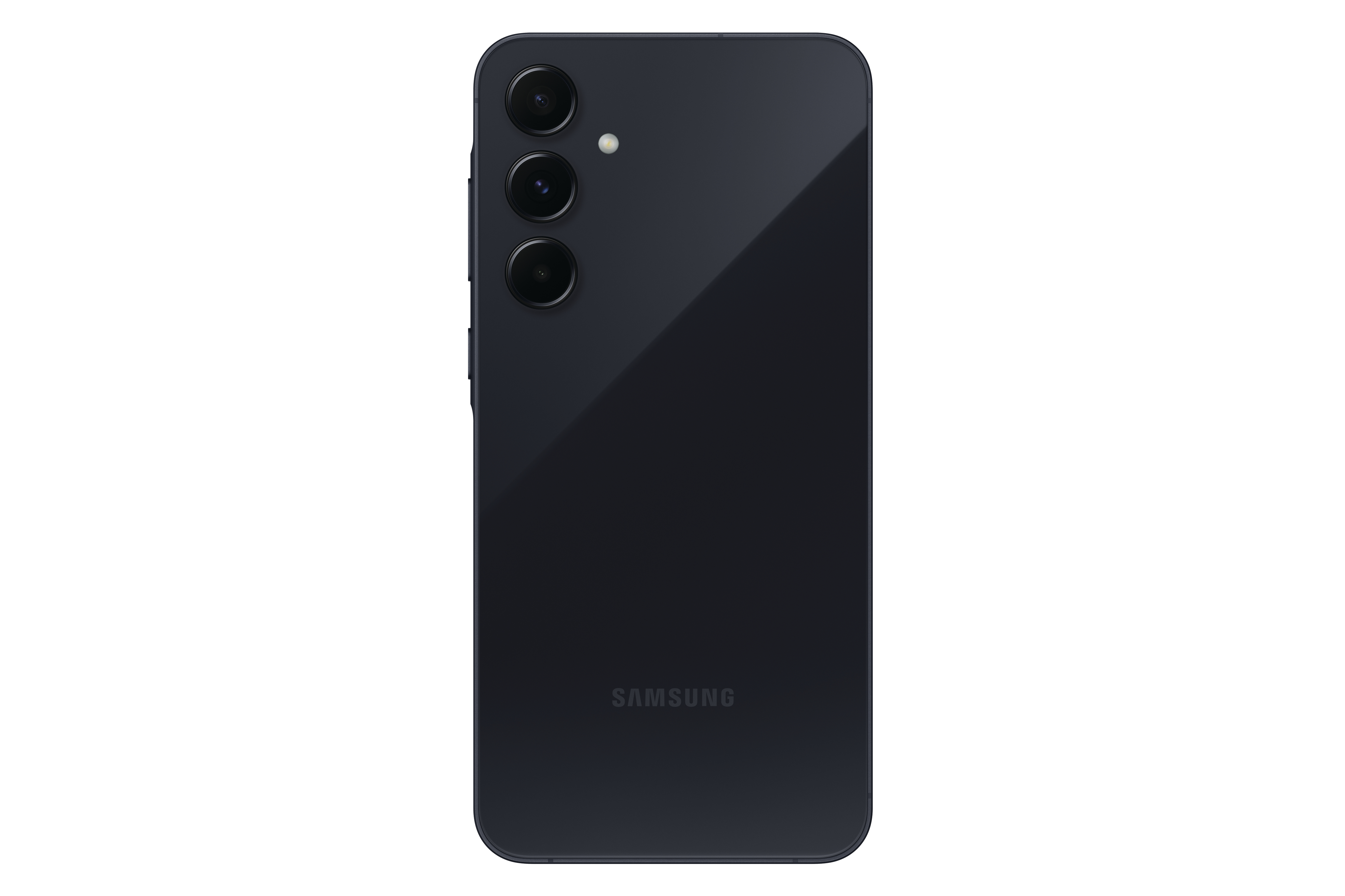 Rückseite eines dunkelblauen Samsung-Telefons mit drei Kameralinsen und dem Samsung-Logo.