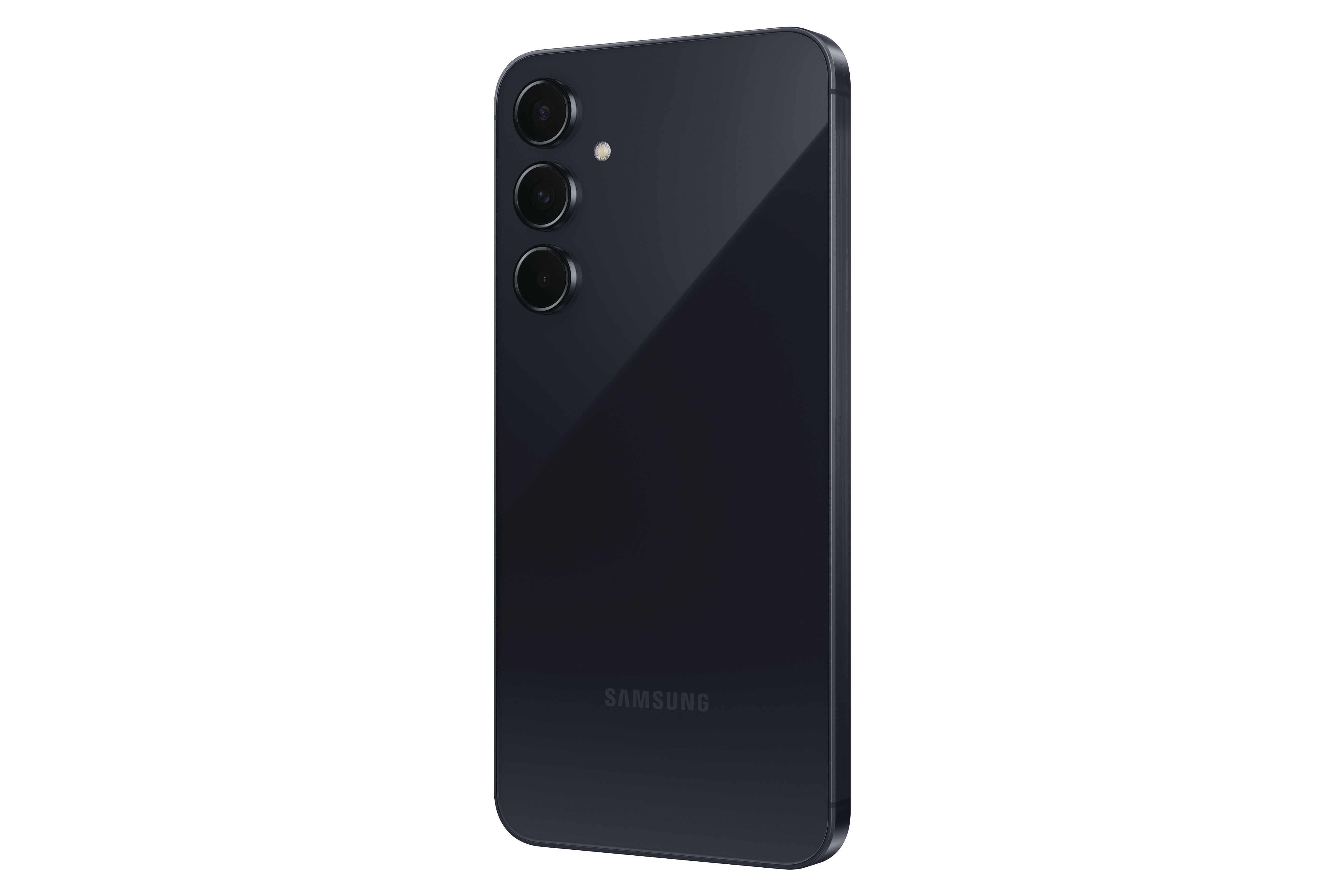Die Rückansicht eines schwarzen Samsung Galaxy A34 5G Smartphones.