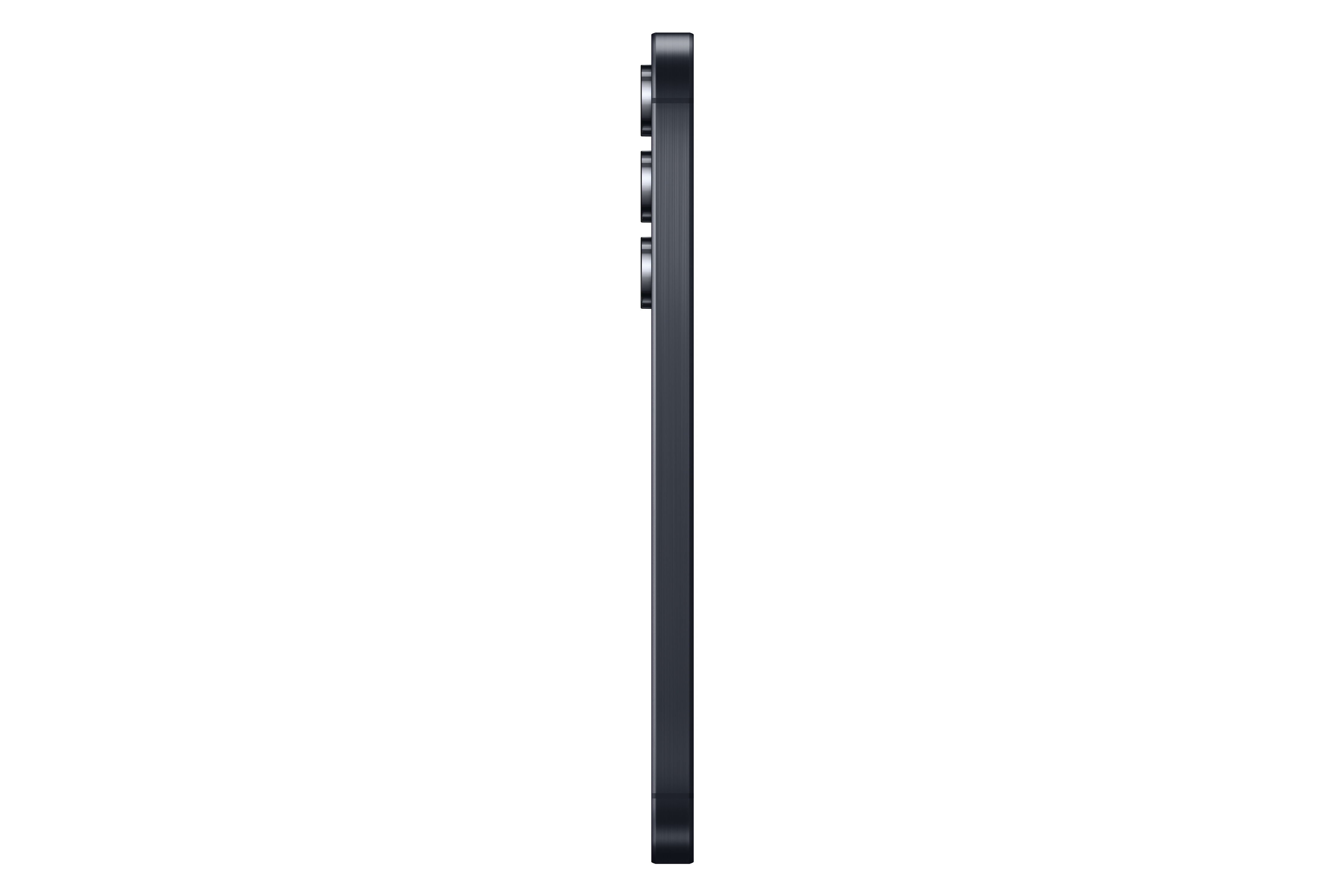 Schwarzes Smartphone, Seitenansicht. Drei Kameras auf der Rückseite. Weißer Hintergrund.