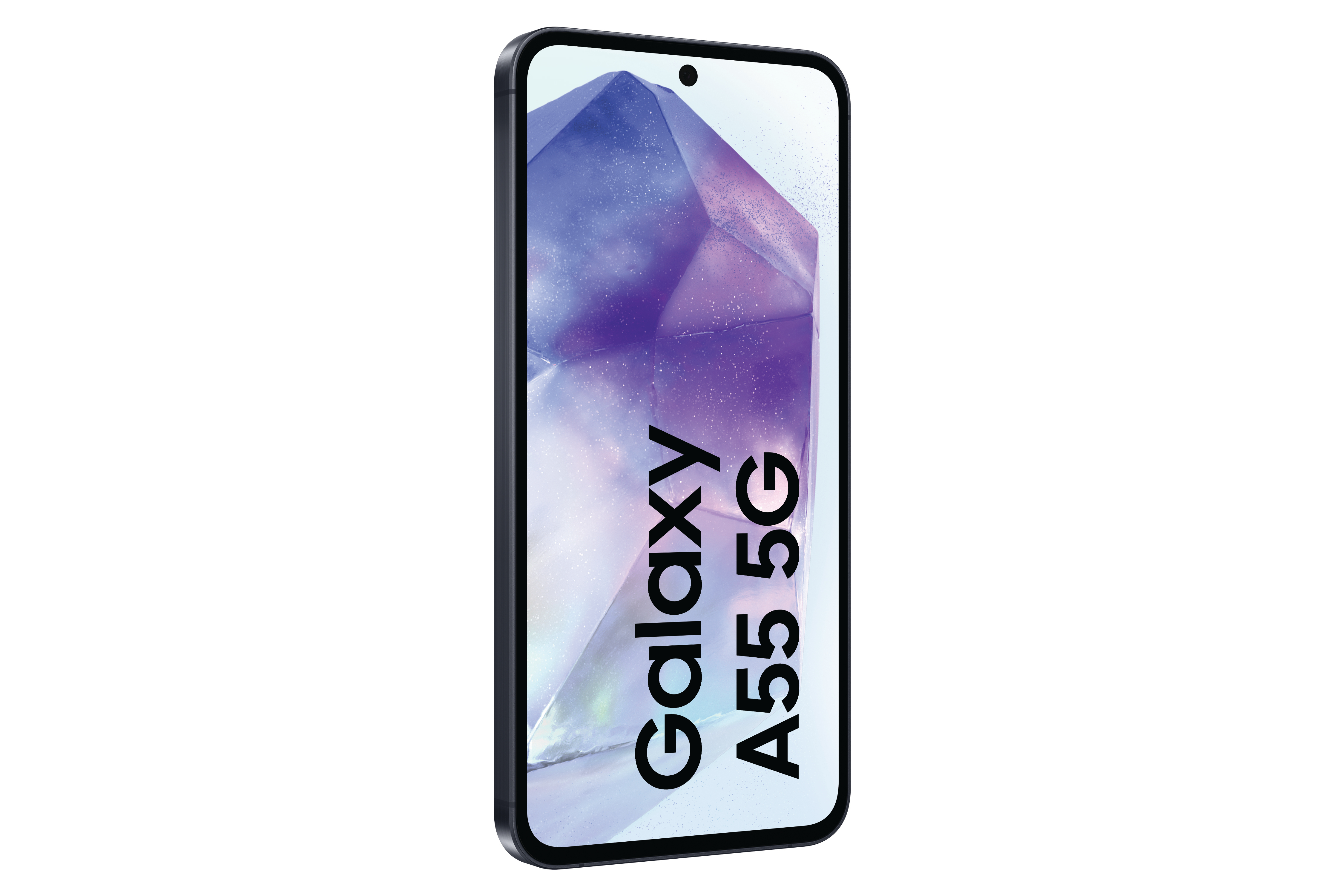 Smartphone mit Bildschirm, der Galaxy A55 5G anzeigt. Schwarzer Rahmen, weißer Hintergrund.