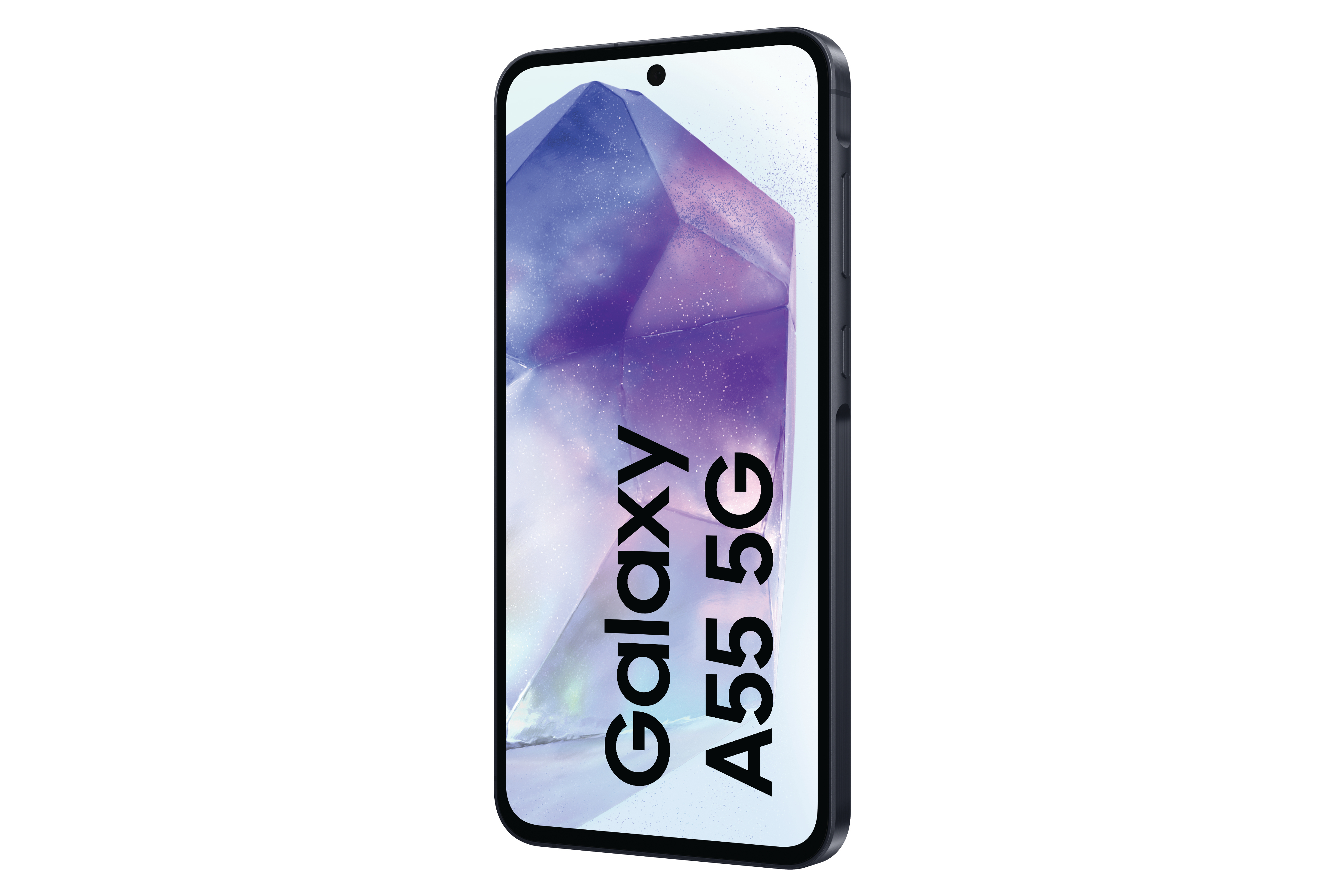 Schwarzes Samsung Galaxy A55 5G-Telefon auf weißem Hintergrund, nach rechts abgewinkelt.