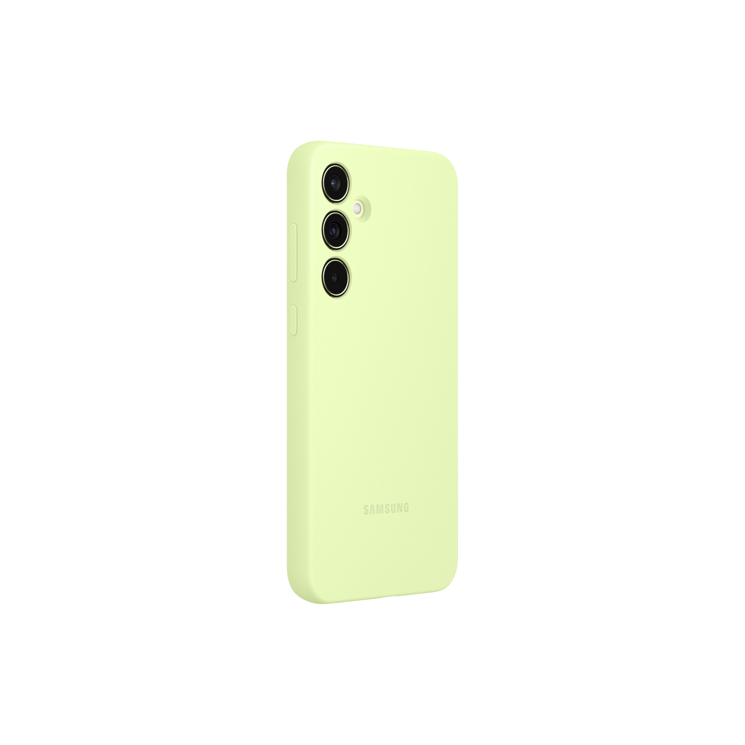Een lichtgroene Samsung telefoonhoes, met het Samsung logo en cameralenzen zichtbaar. De hoes is glad.