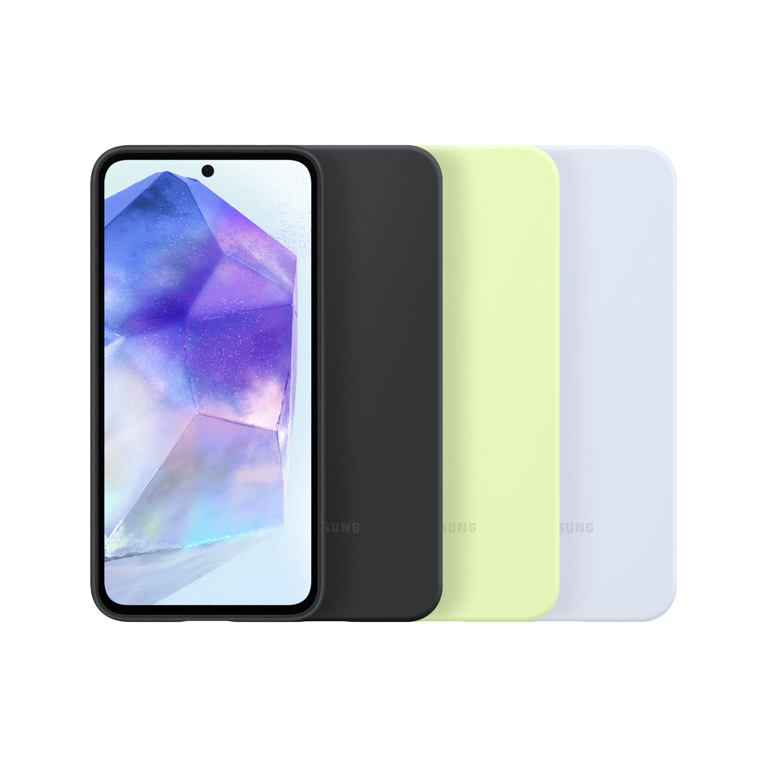 Een telefoon met scherm links en vier hoesjes: zwart, grijs, geel en wit.