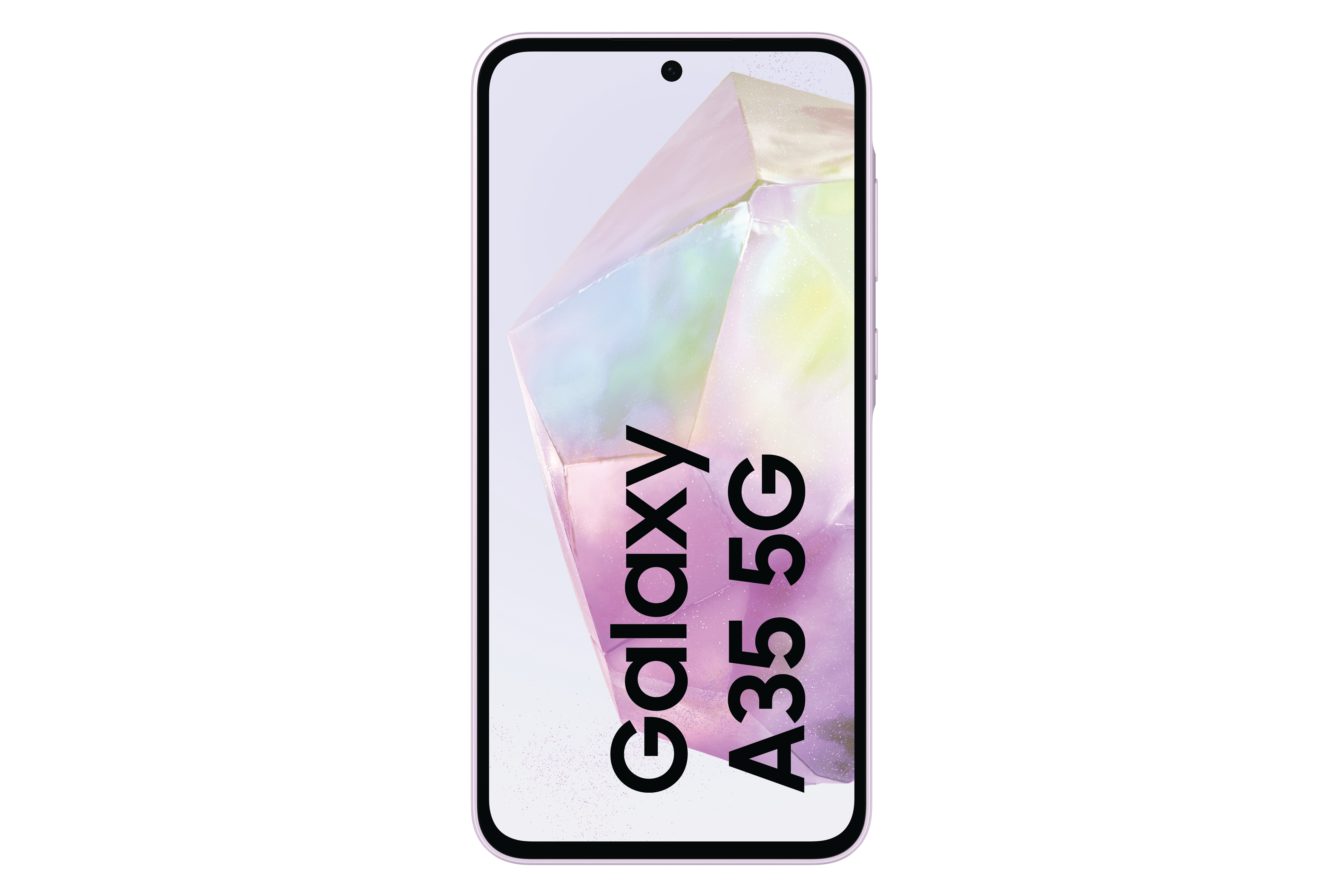 Ein lavendelfarbenes Samsung Galaxy A35 5G-Telefon mit einem Design auf dem Bildschirm.