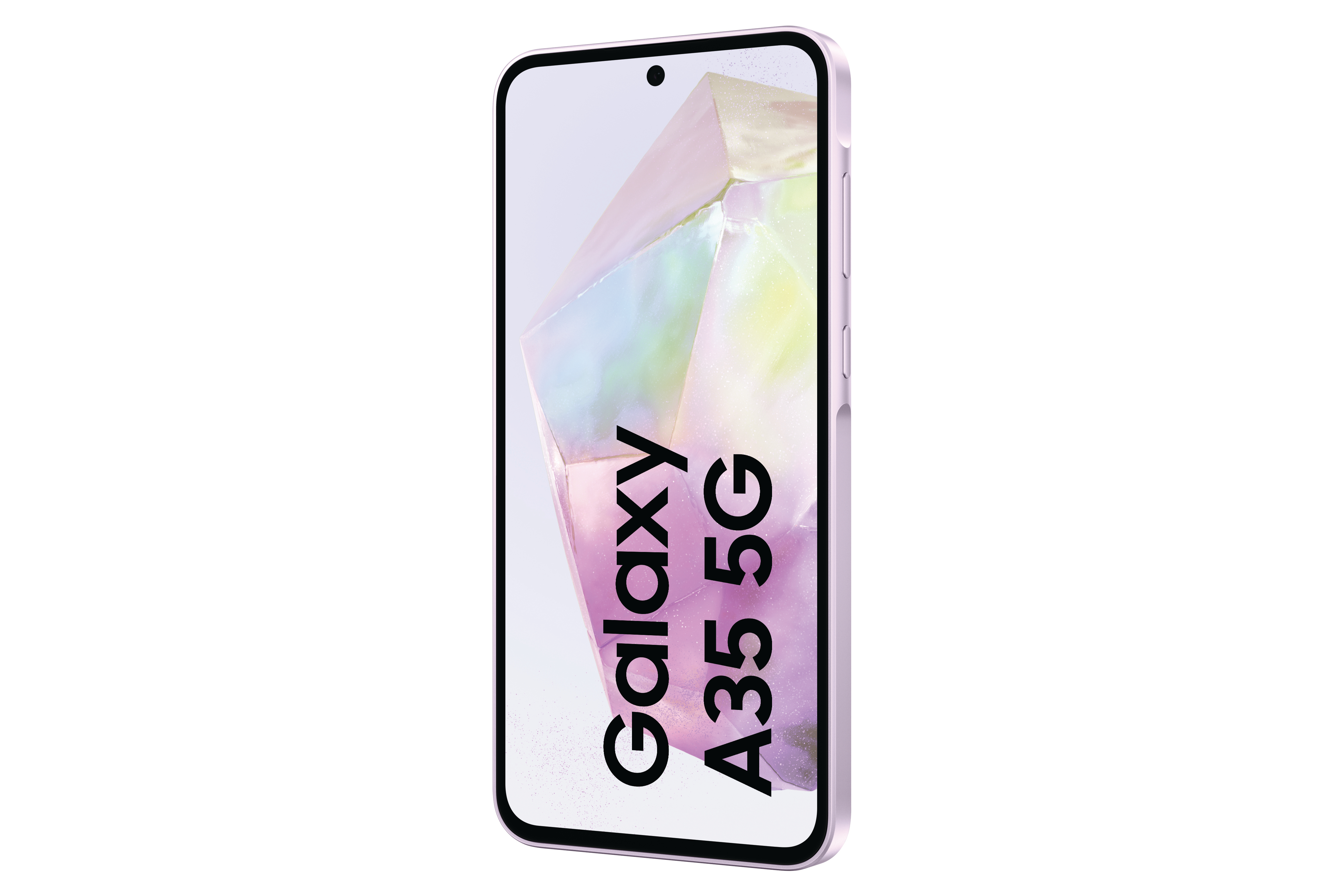 Ein lavendelfarbenes Telefon, das 'Galaxy A35 5G' anzeigt.