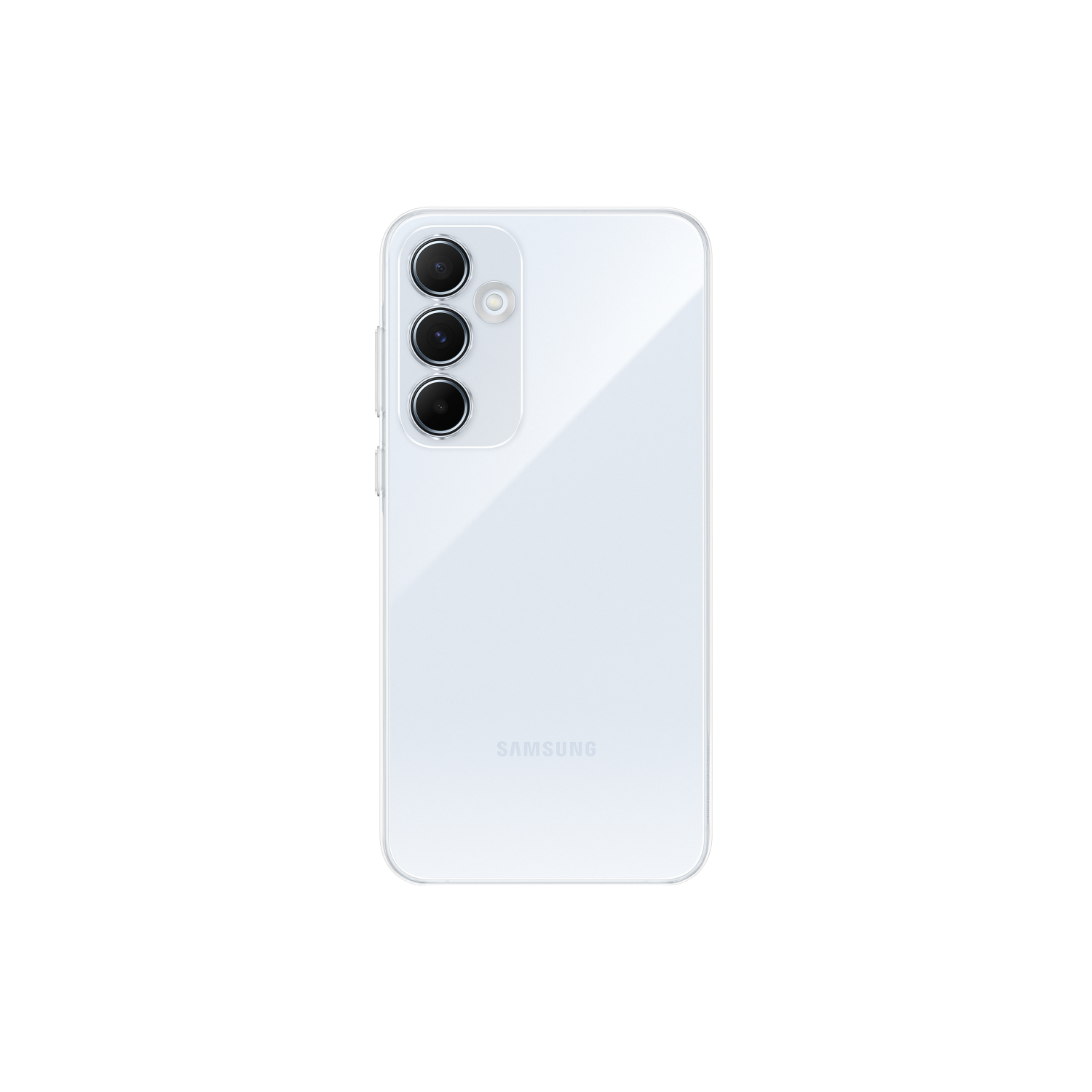 Witte smartphone. De achterkant van de telefoon is zichtbaar, met drie camera's en het Samsung-logo.