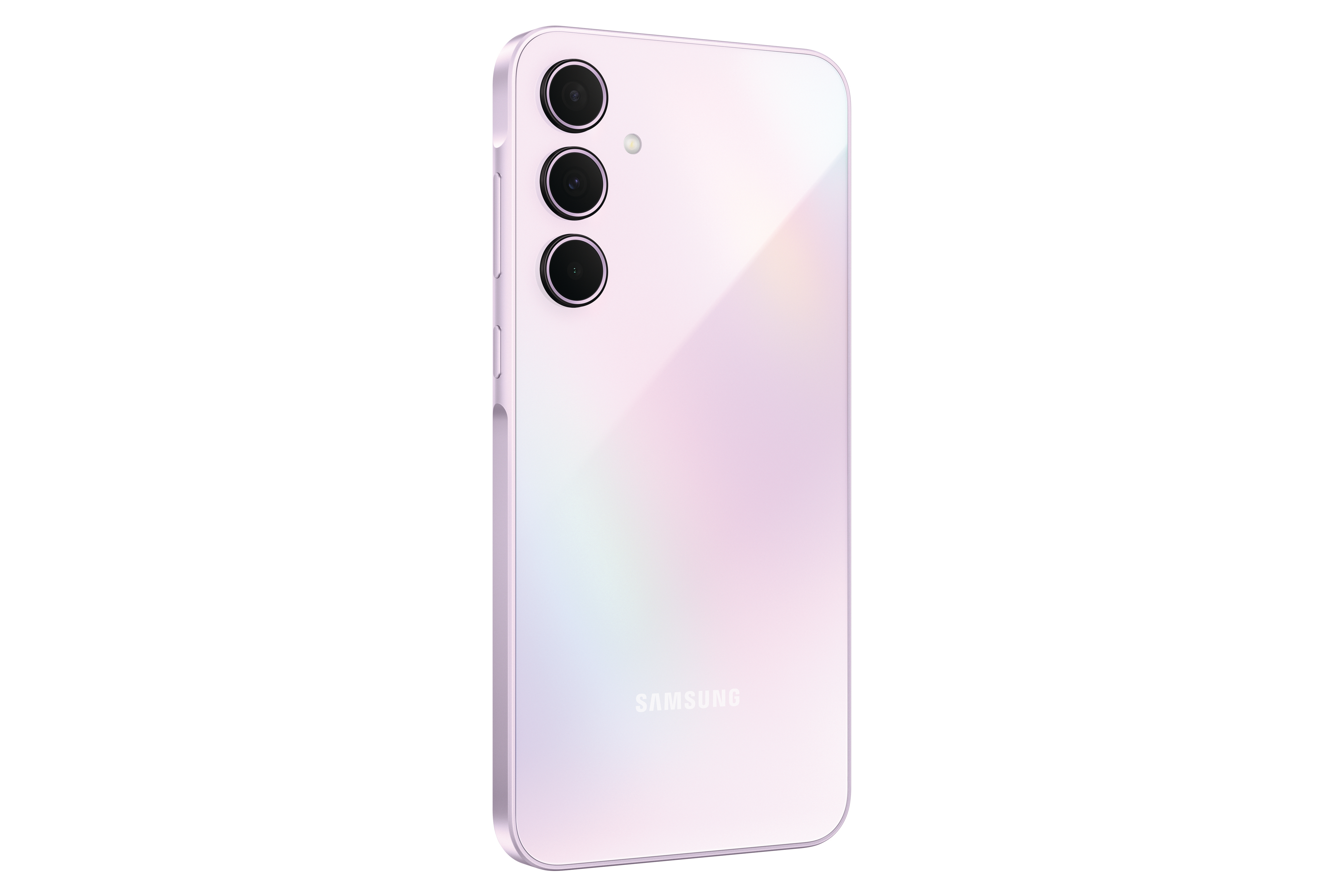 Rückseite eines lavendelfarbenen Samsung-Smartphones mit 3 Kameras und dem Samsung-Logo.