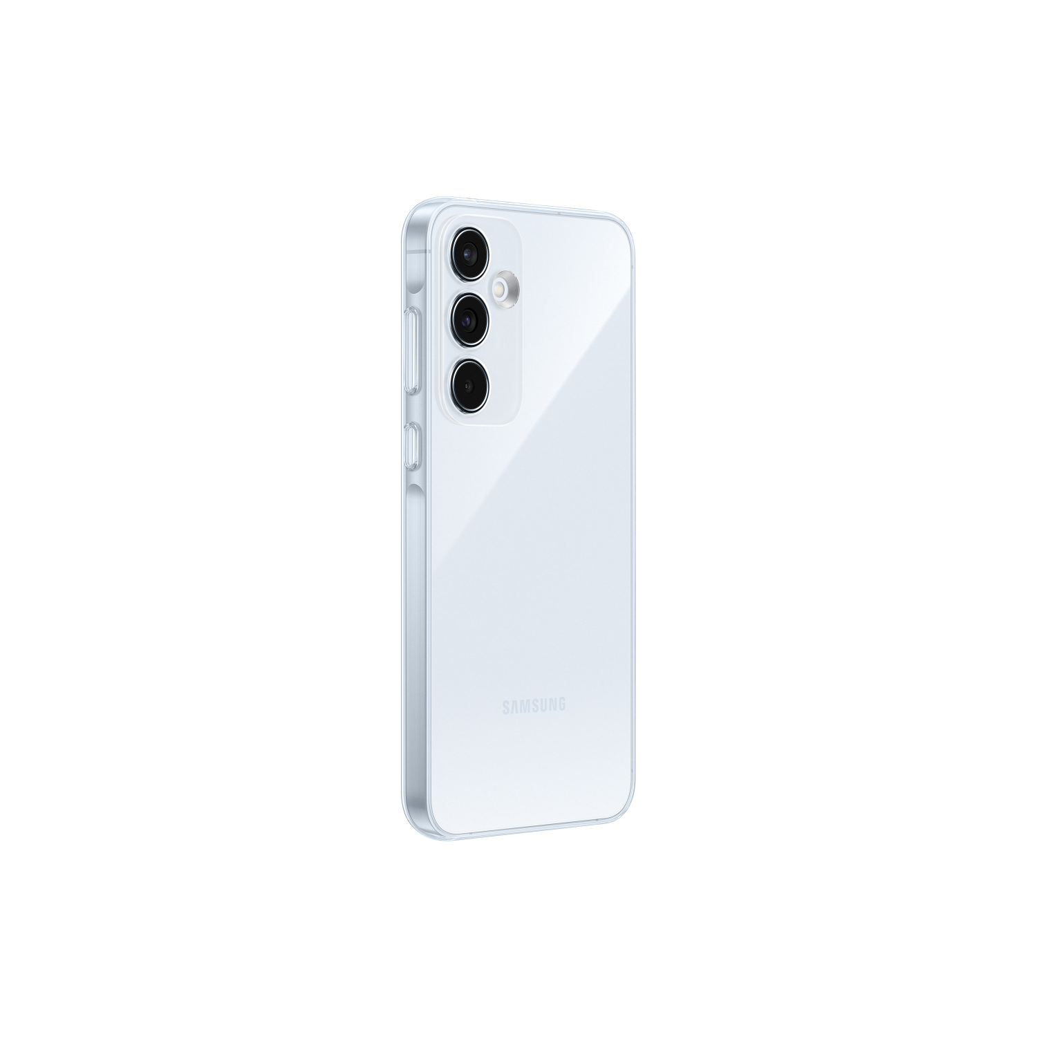 Witte smartphone met doorzichtige hoes, drie cameralenzen en 'SAMSUNG'-tekst op zwarte achtergrond.