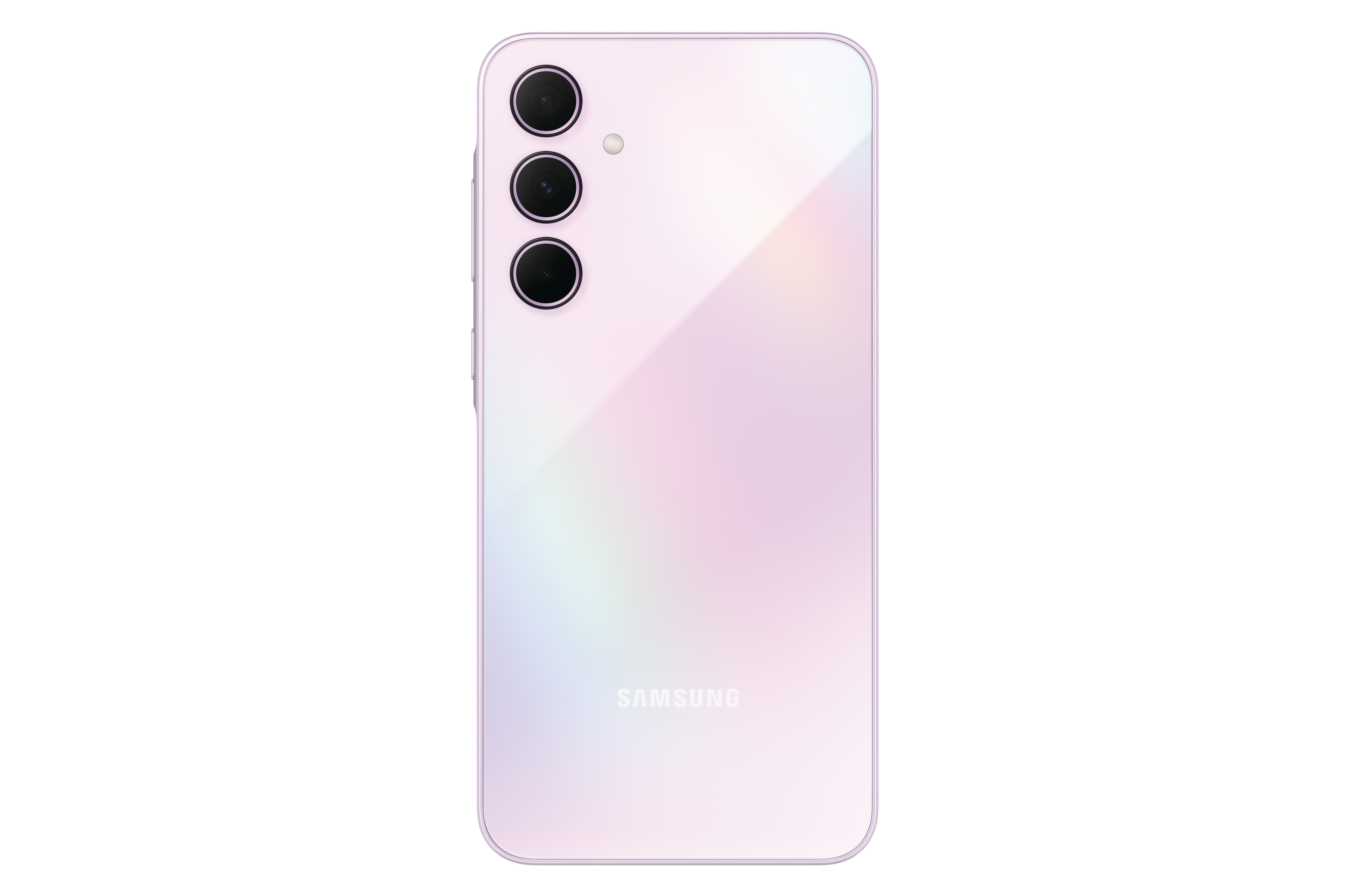 Rückseite eines pinkfarbenen Samsung-Telefons mit drei Kameras. 'SAMSUNG'-Logo unten.