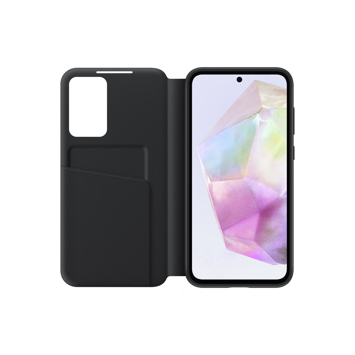 Black phone in open black case, phone screen shows a colorful design.