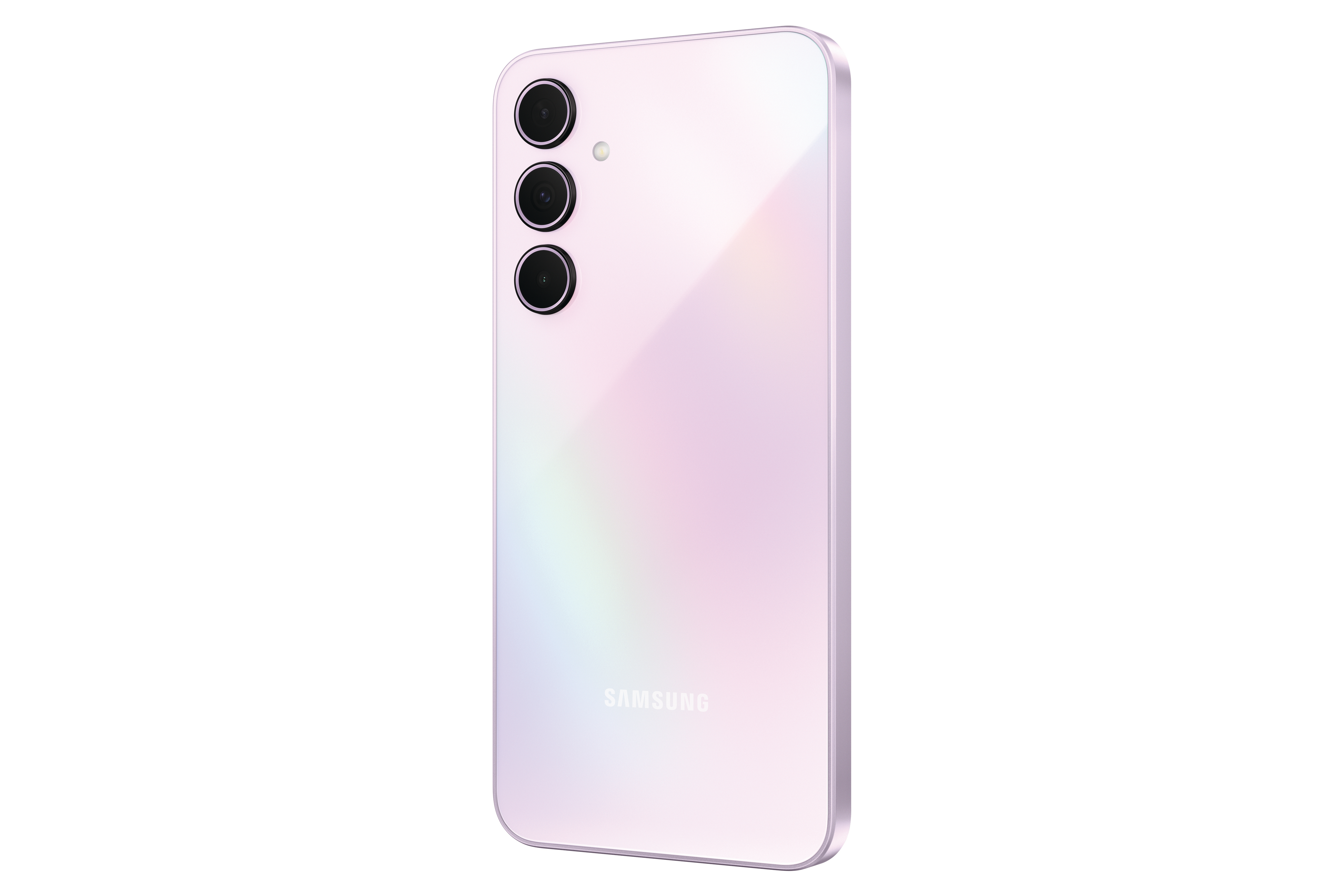 Ein helllila Telefon mit drei Kameras auf weißer Oberfläche.