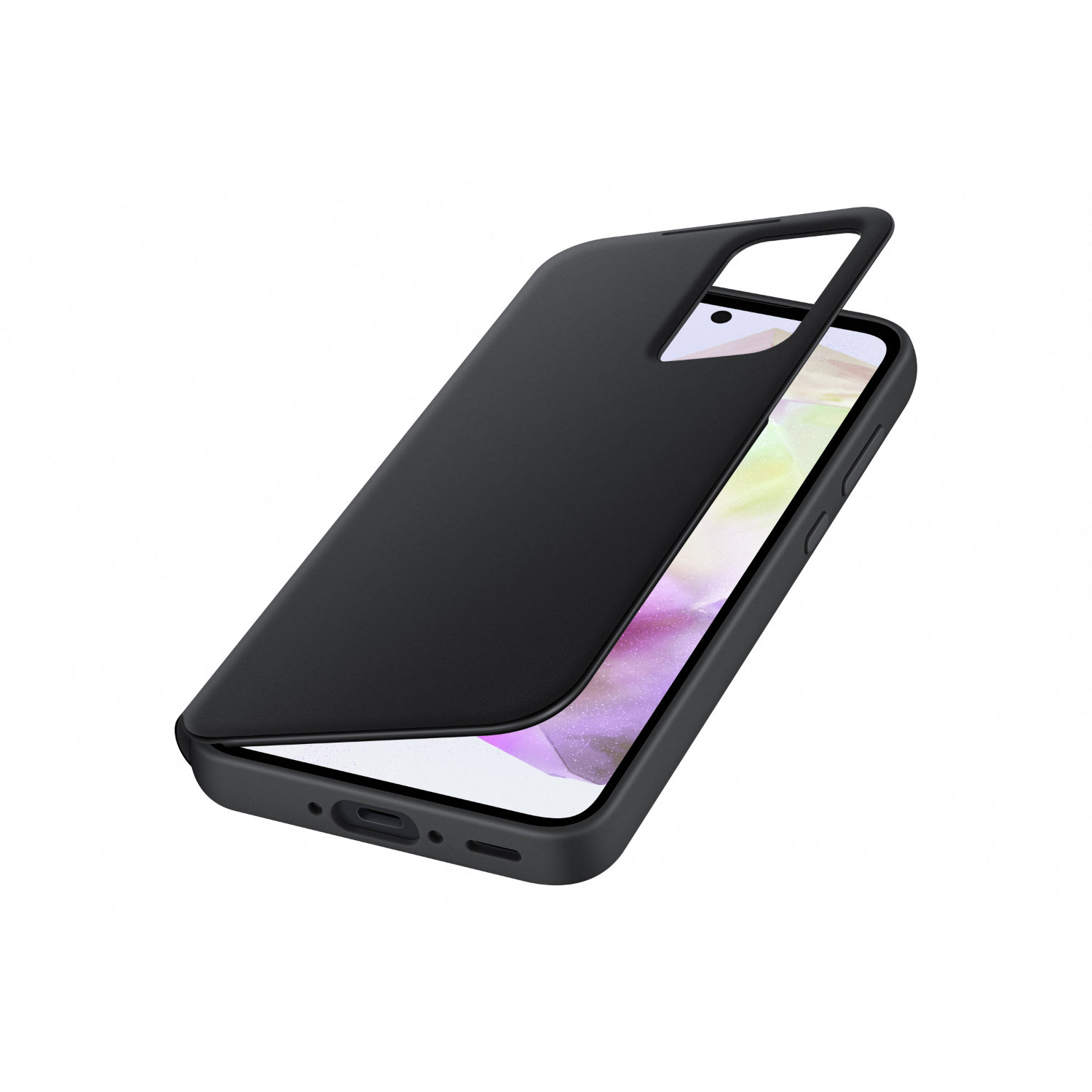 A black phone case with a phone inside and a black background.