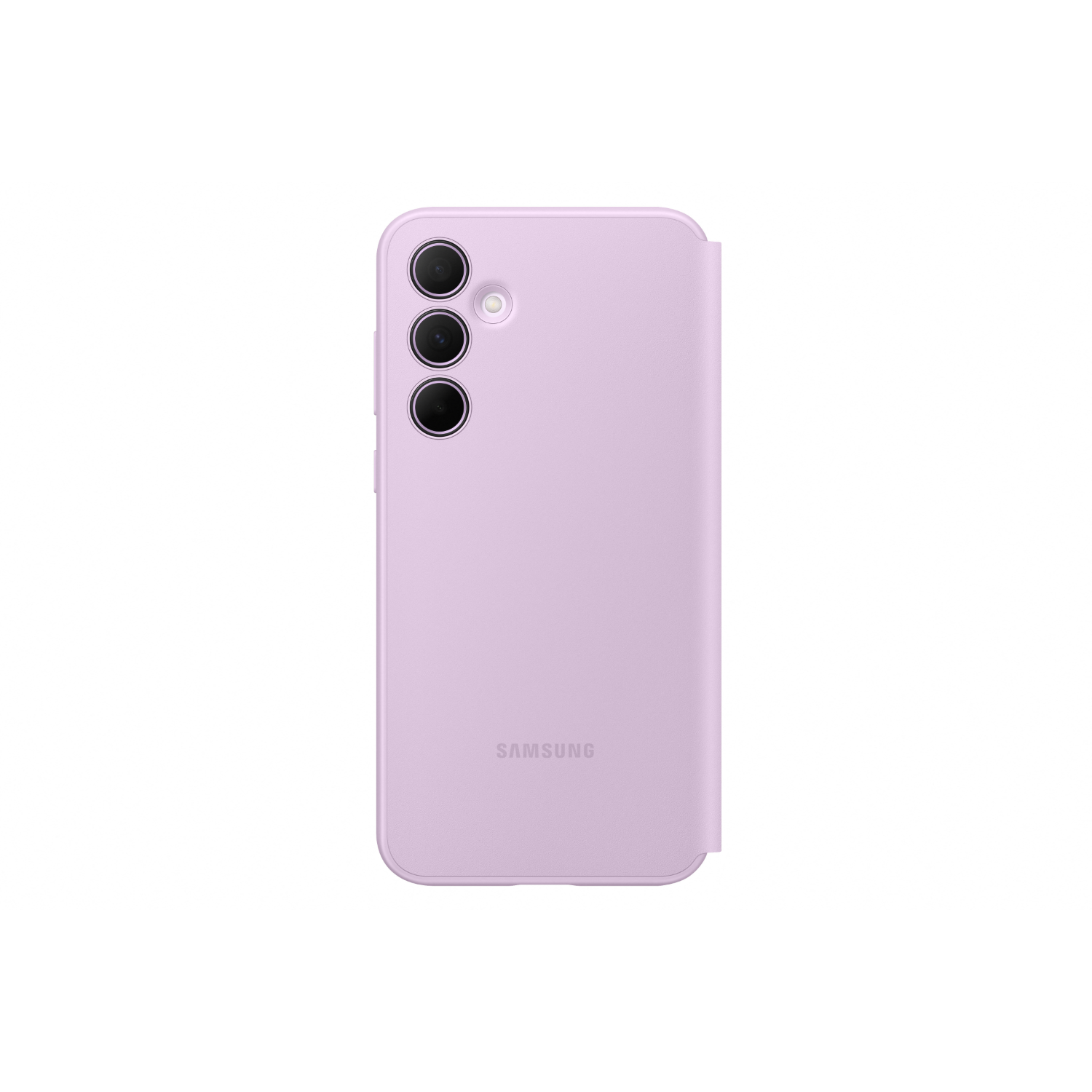 Lila telefoonhoesje. De achterkant van de hoes met drie camera's.