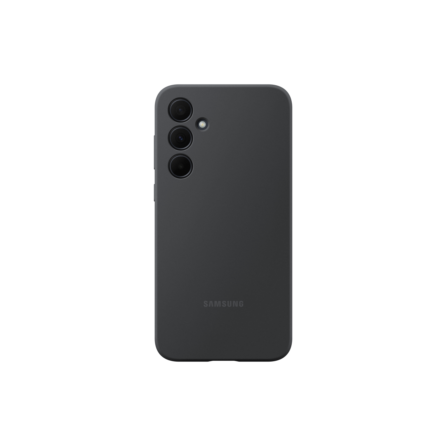 Samsung telefoonhoesje, donkergrijs, drie cameralenzen aan de achterkant.