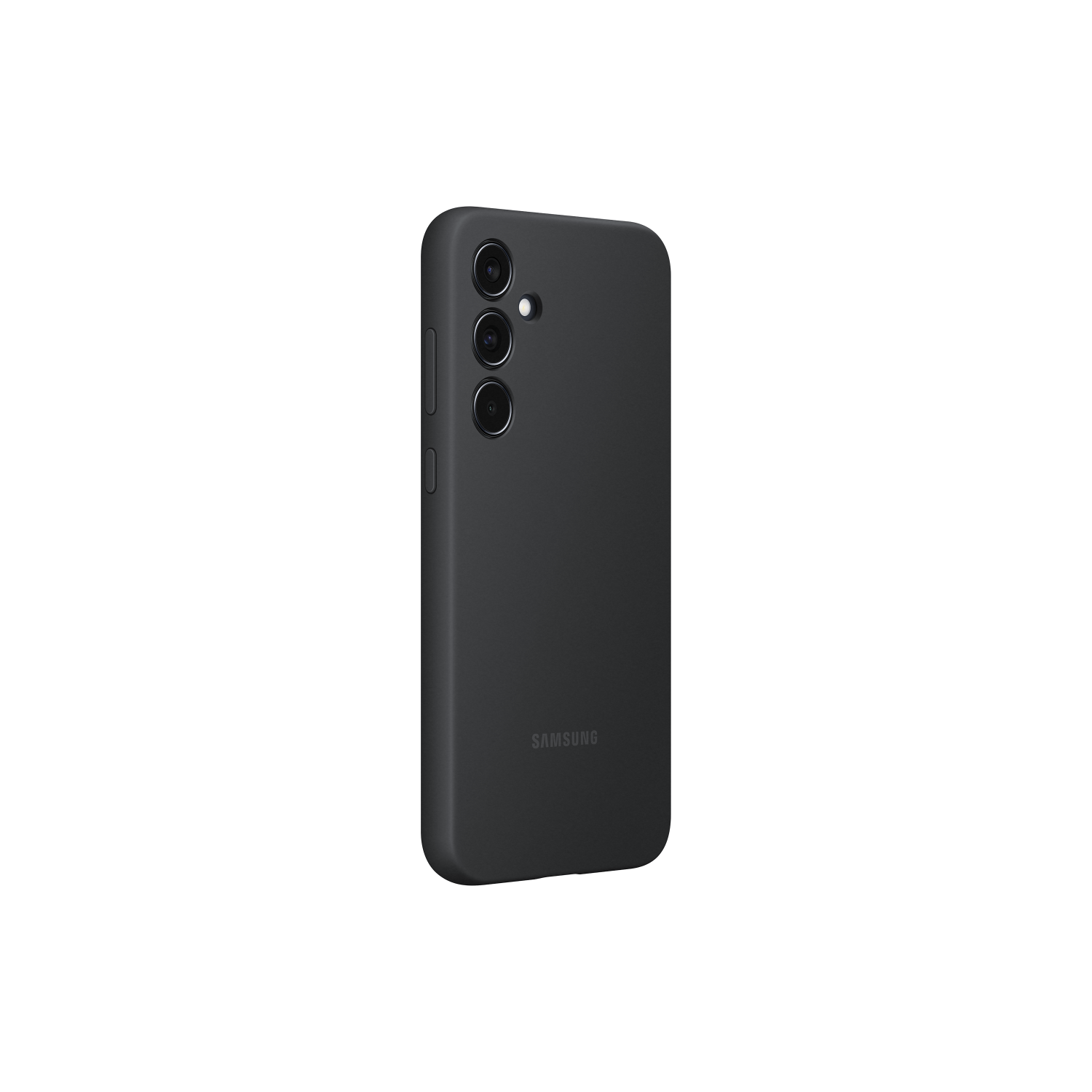 Een zwarte telefoonhoes voor een Samsung telefoon. De hoes is effen met het Samsung logo.
