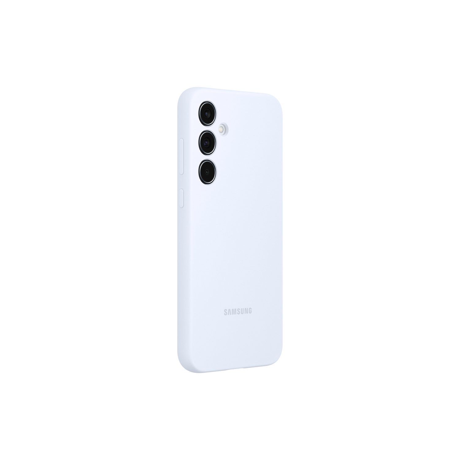 Blauwachtig-witte telefoonhoes met drie cameralenzen en het Samsung-logo op een zwarte achtergrond.