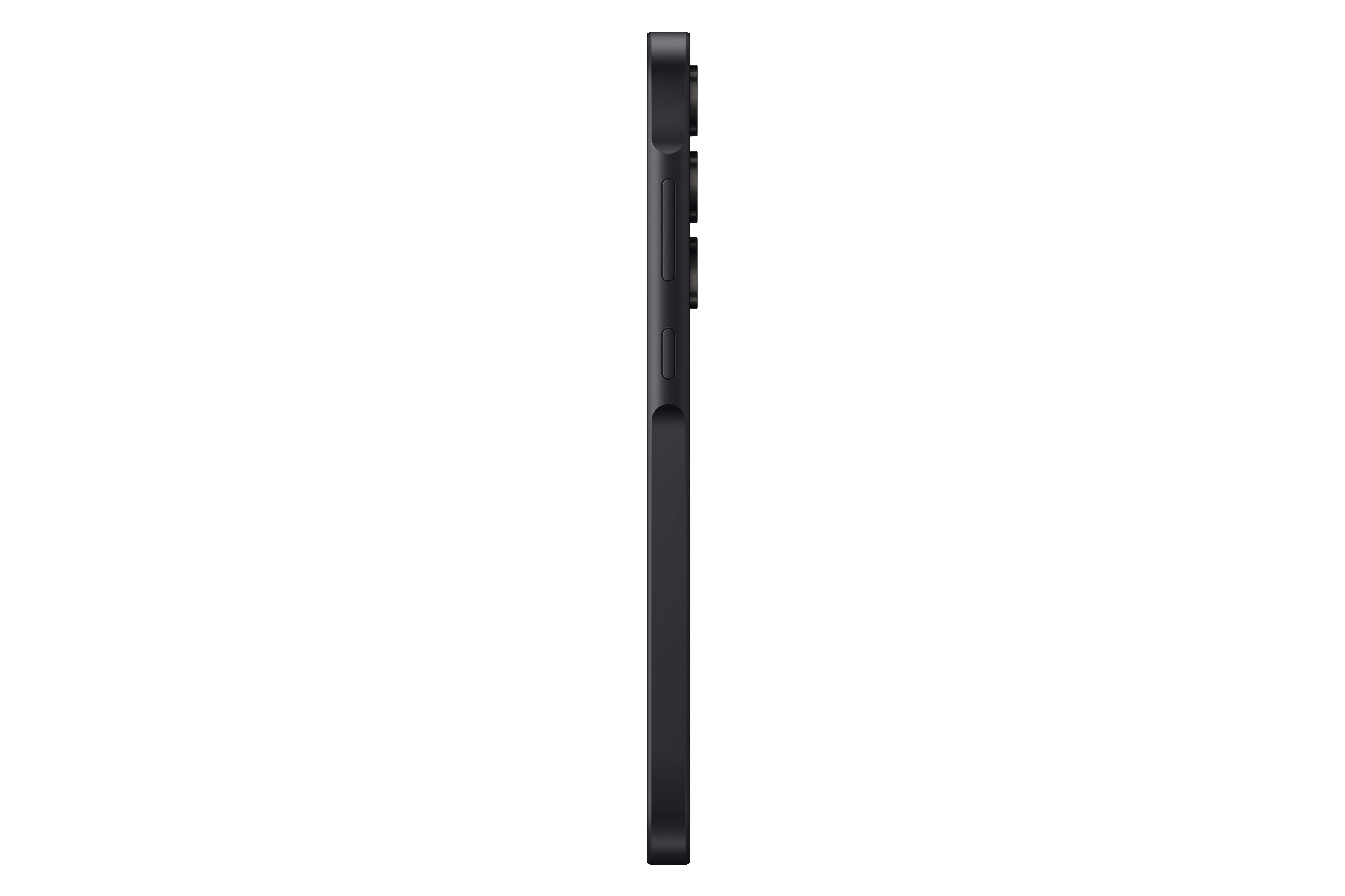 Schwarzes Smartphone von der Seite betrachtet, zeigt Knöpfe und ein schlankes Design.