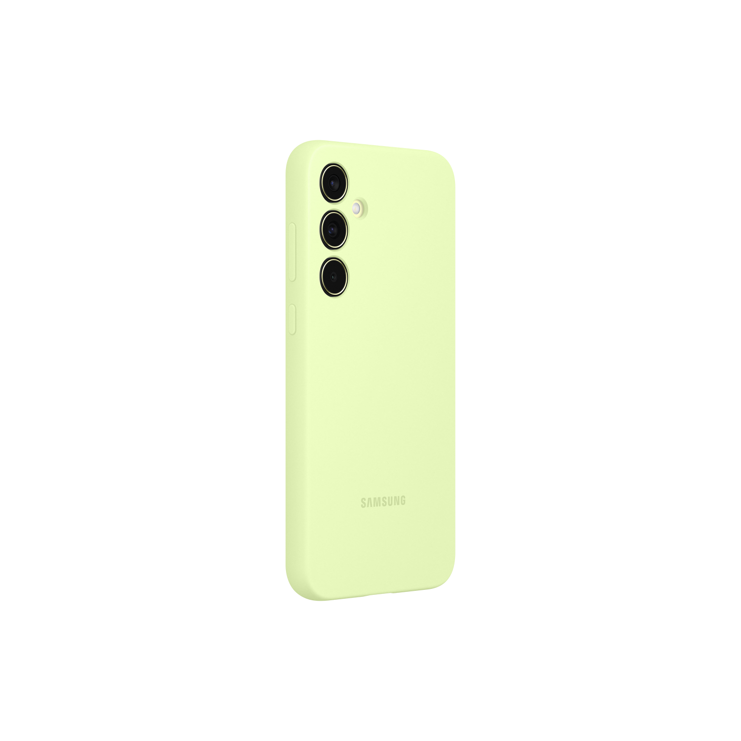 Gele telefoonhoes met drie cameralenzen en Samsung-logo op zwarte achtergrond.