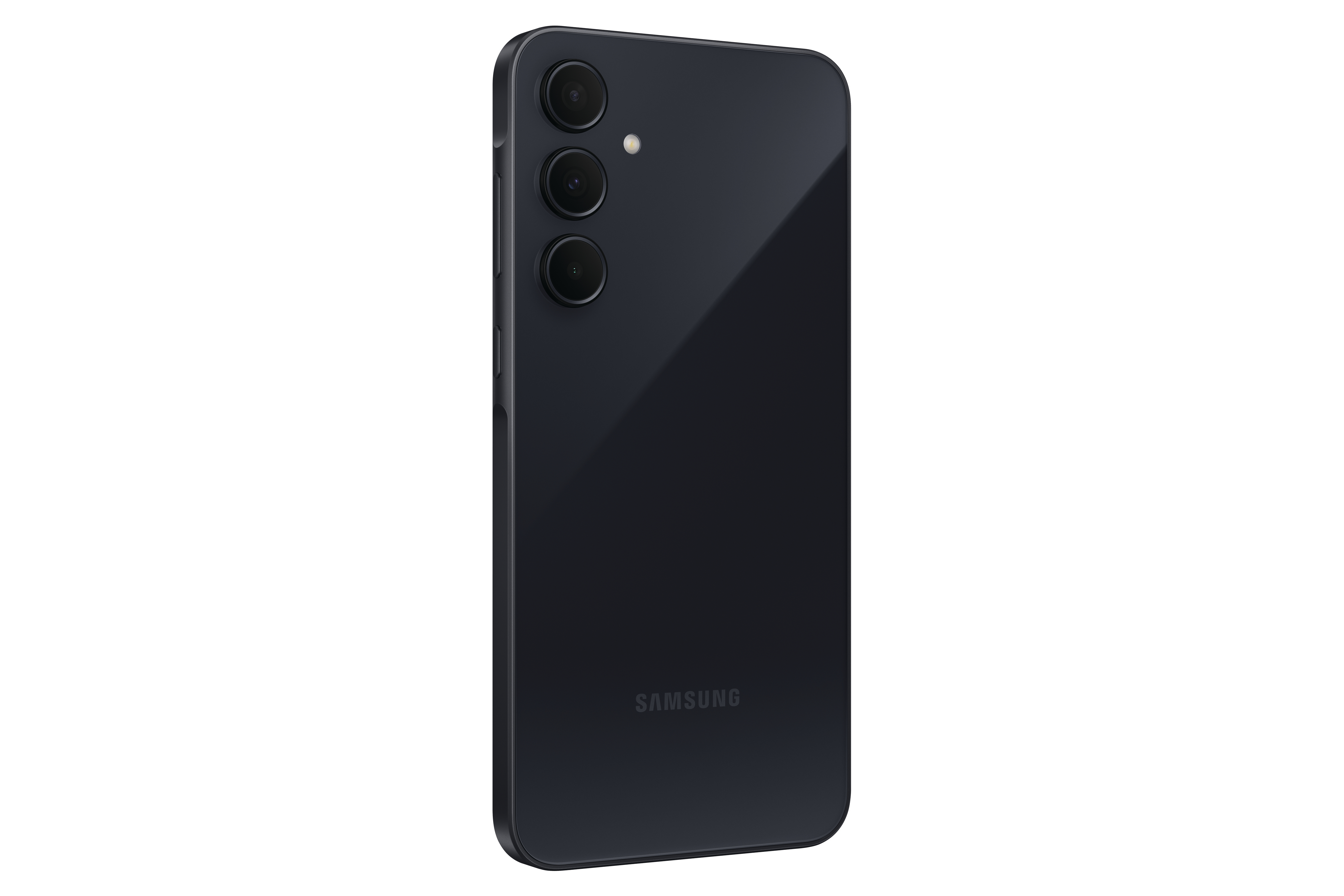 Rückansicht eines schwarzen Samsung-Telefons. Drei Kameralinsen sichtbar.
