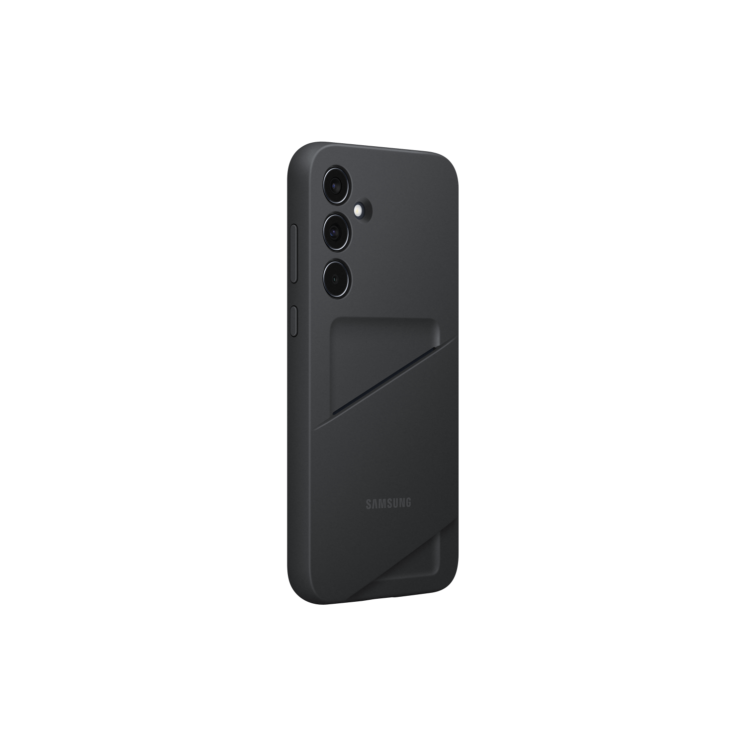 Een telefoonhoesje met kaarthouder, zwart en met het Samsung-logo.