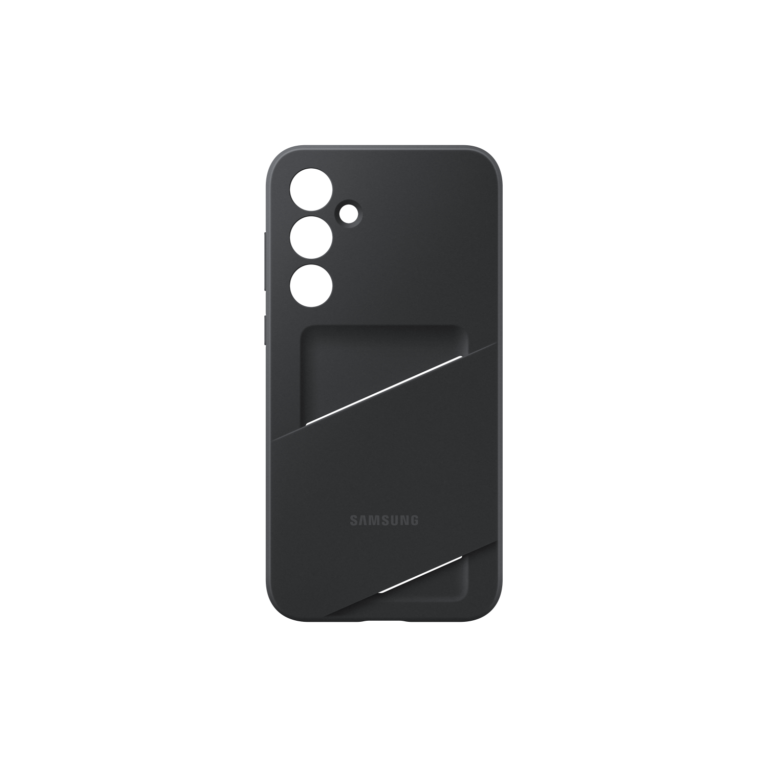 Zwarte telefoonhoes, achteraanzicht. Camera-uitsparingen en kaartsleuf, zwarte achtergrond.