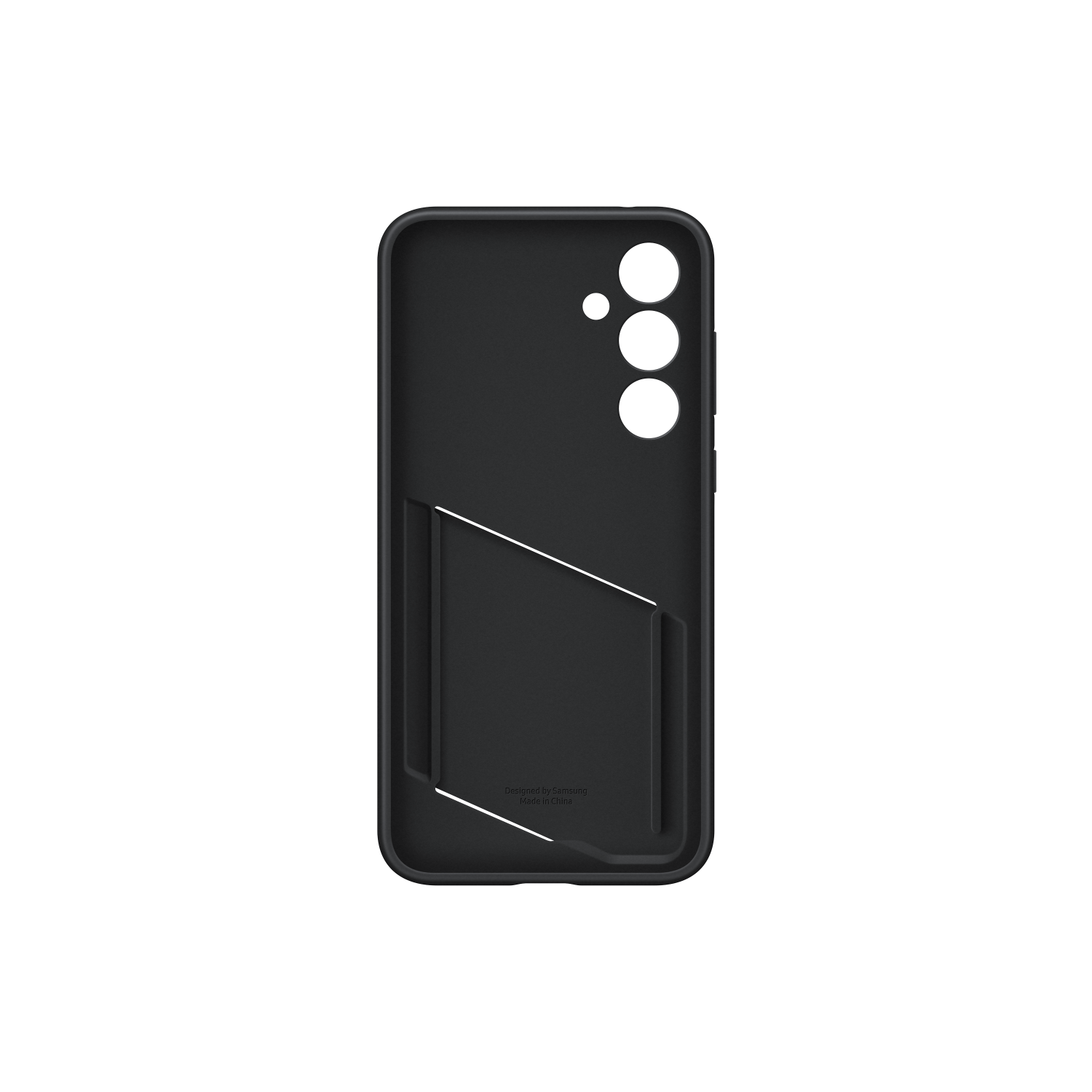 Zwarte telefoonhoes met uitsparingen voor camera's en kaartsleuf, op zwarte achtergrond.