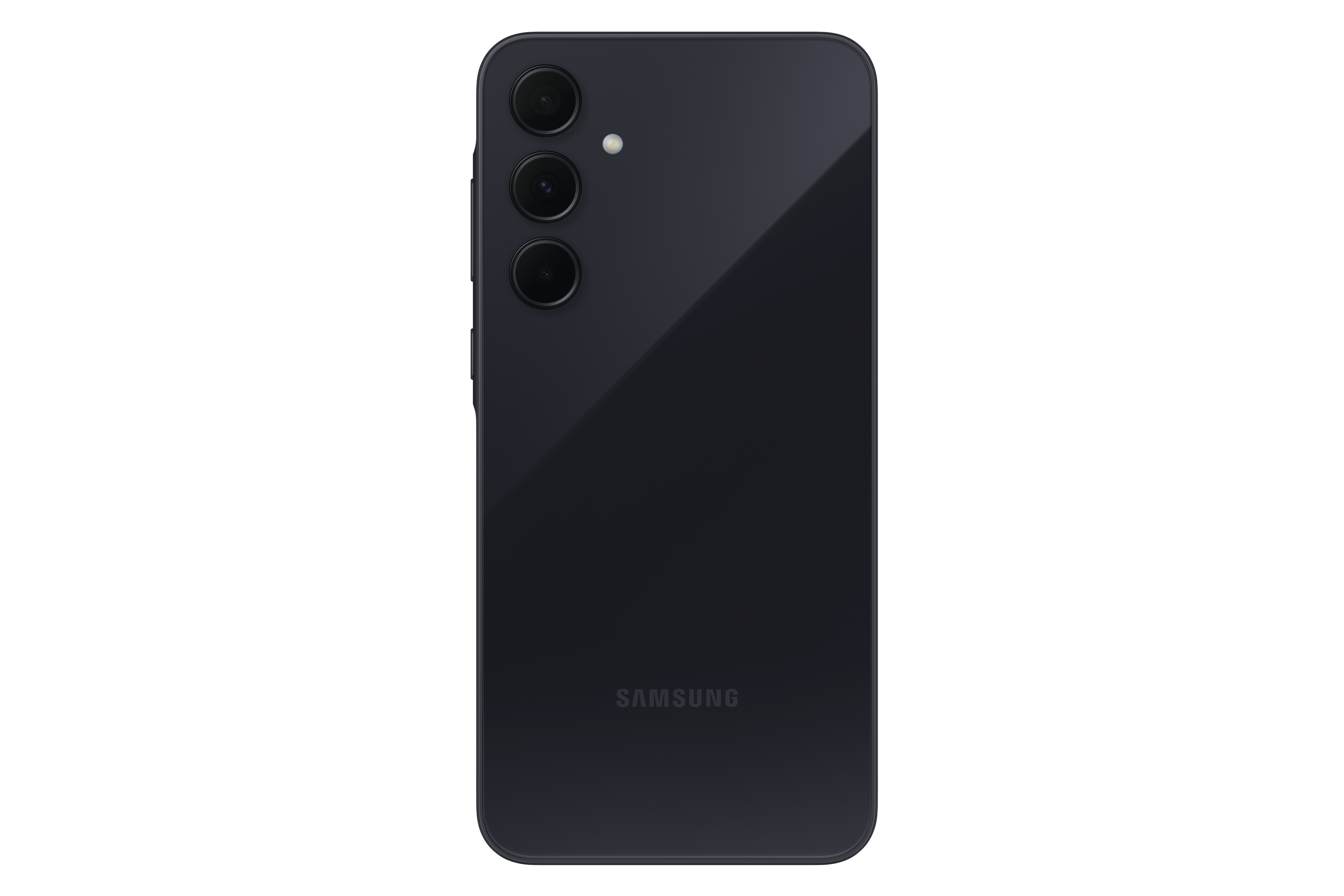 Schwarze Smartphone-Rückseite mit drei Linsen. Samsung-Logo unten. Schwarzer Hintergrund.
