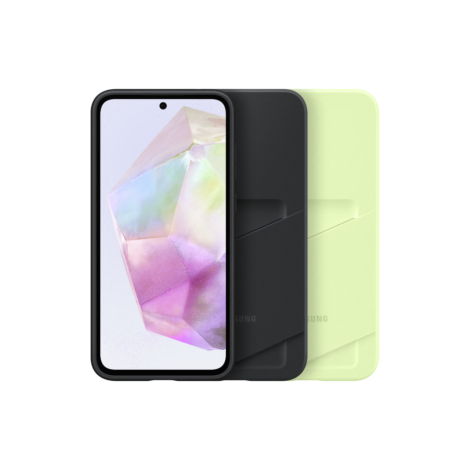 Telefoon in een hoesje met een lichtgroene cover.