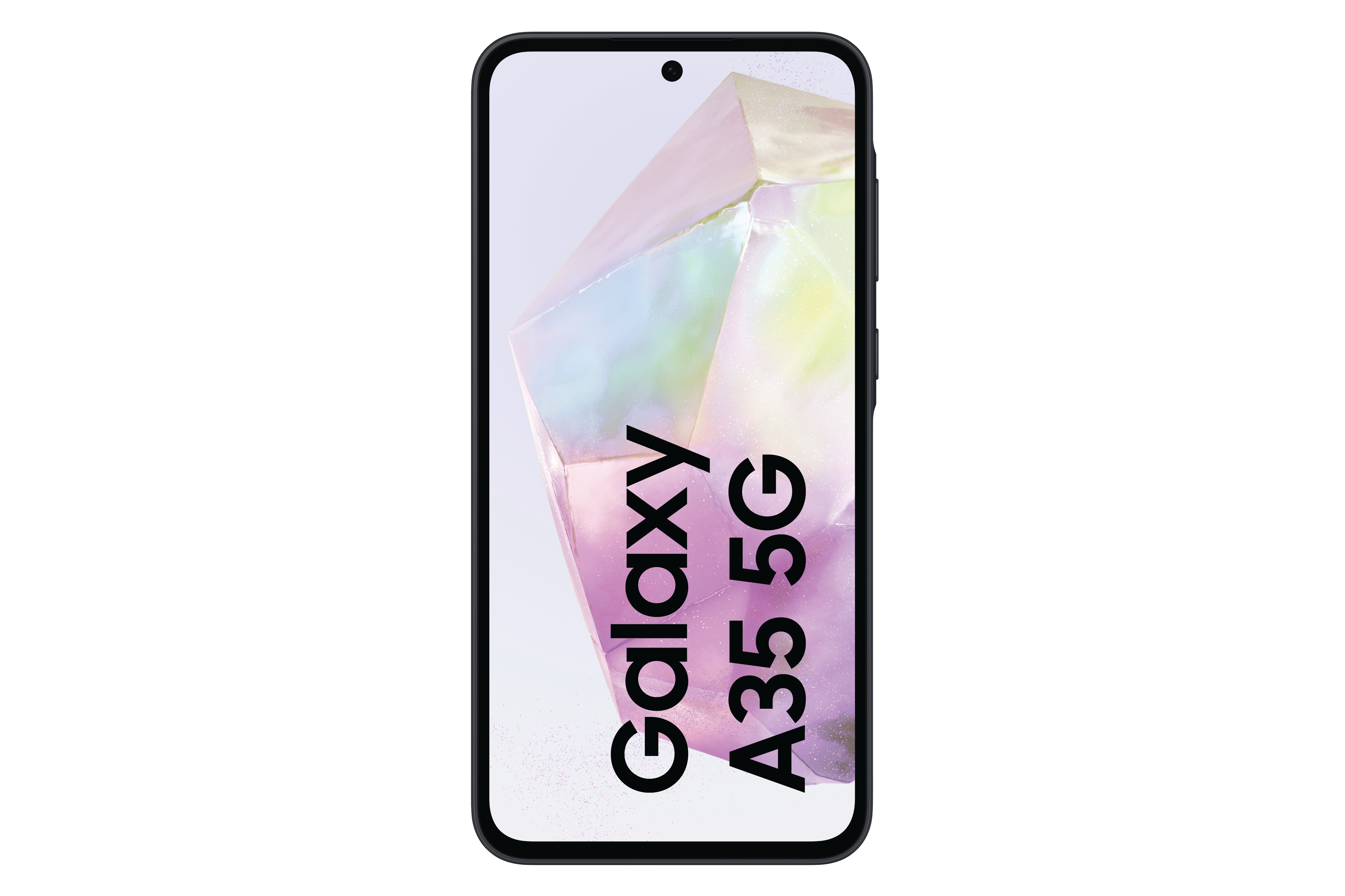Schwarzes Telefon, Bildschirm zeigt Galaxy A35 5G Text, auf weißem Hintergrund.