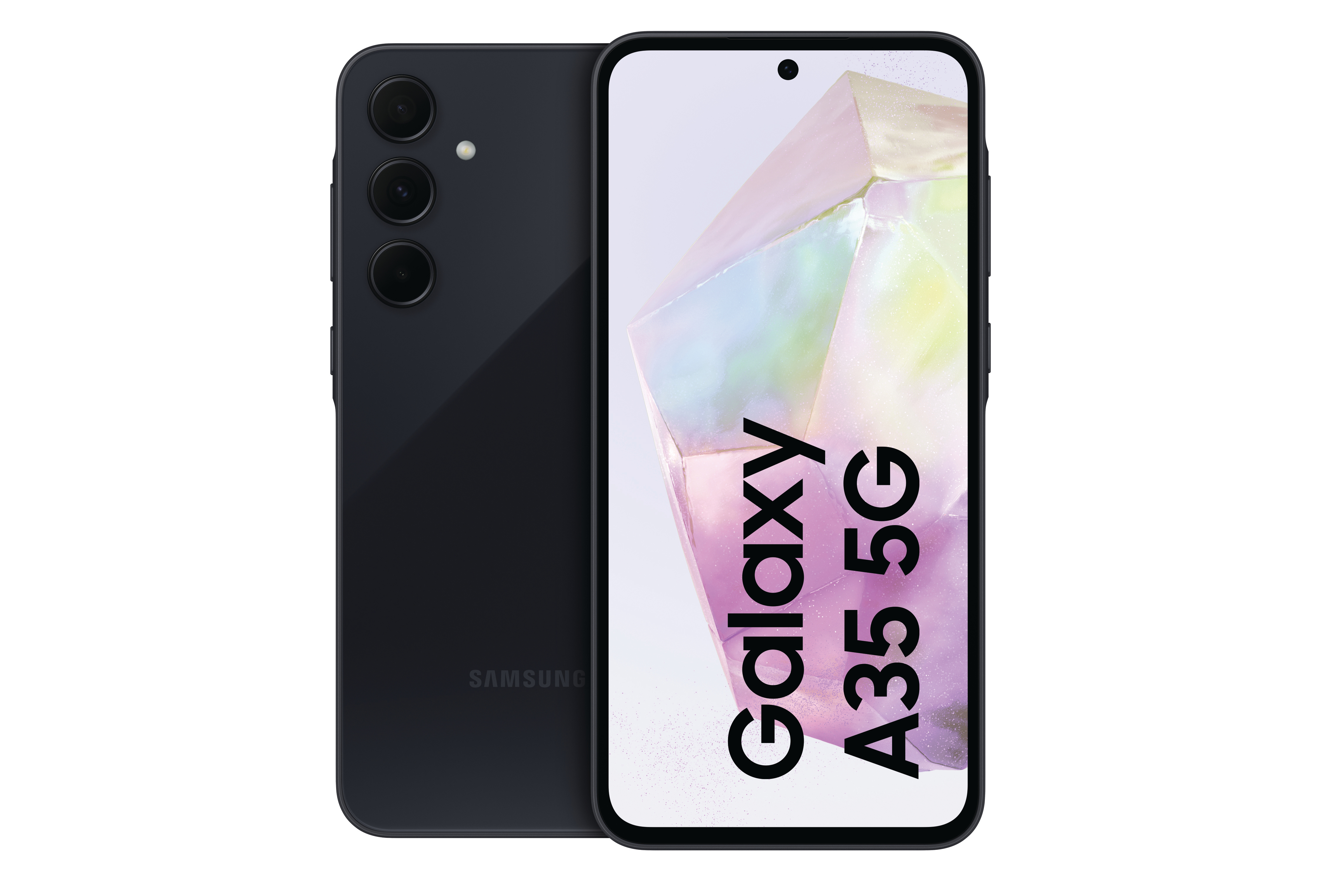 Schwarzes Samsung Galaxy A35 5G-Smartphone, Rückseite und Bildschirm mit Text.