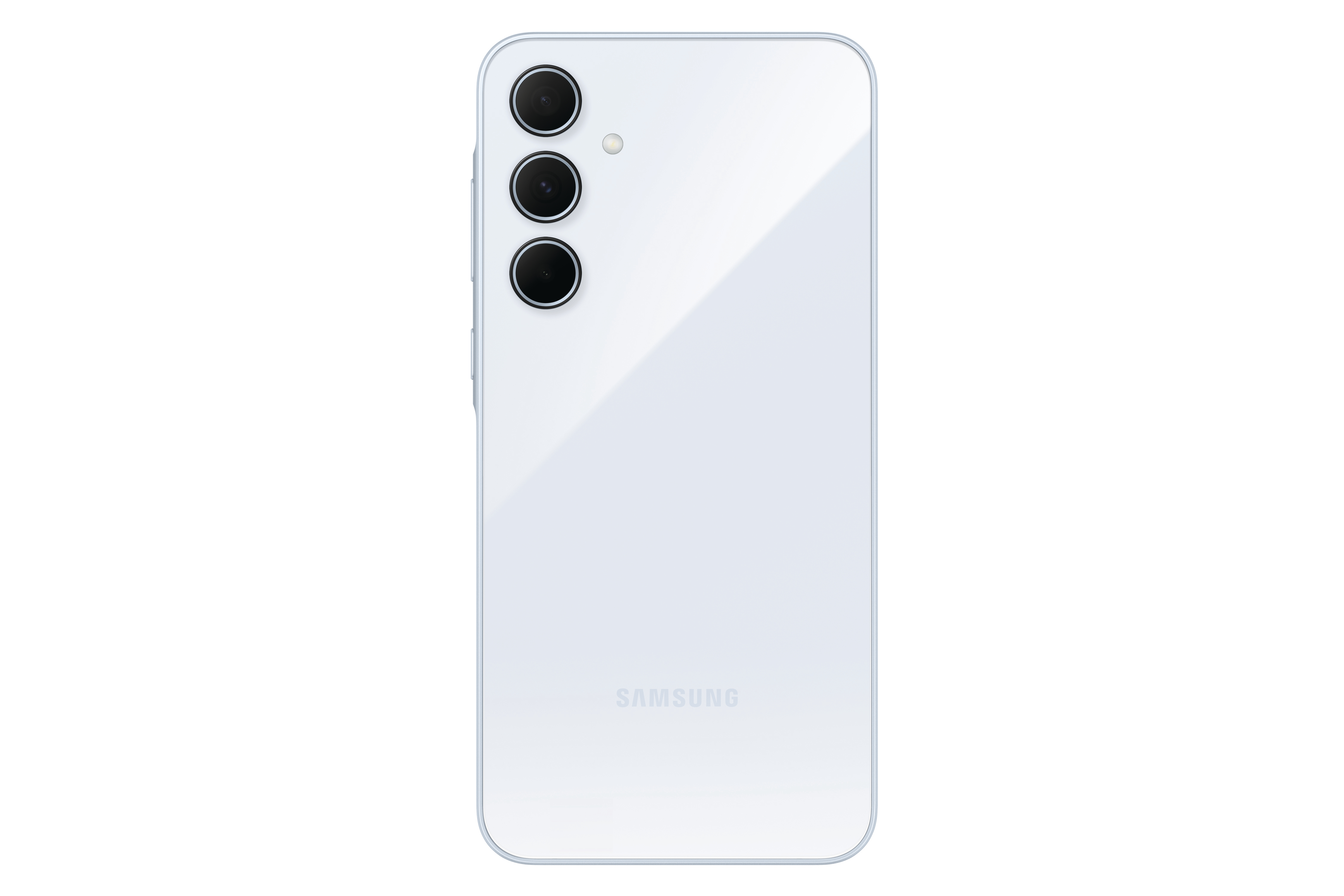 Weiße Smartphone-Rückseite mit Kameralinsen und Samsung-Logo.