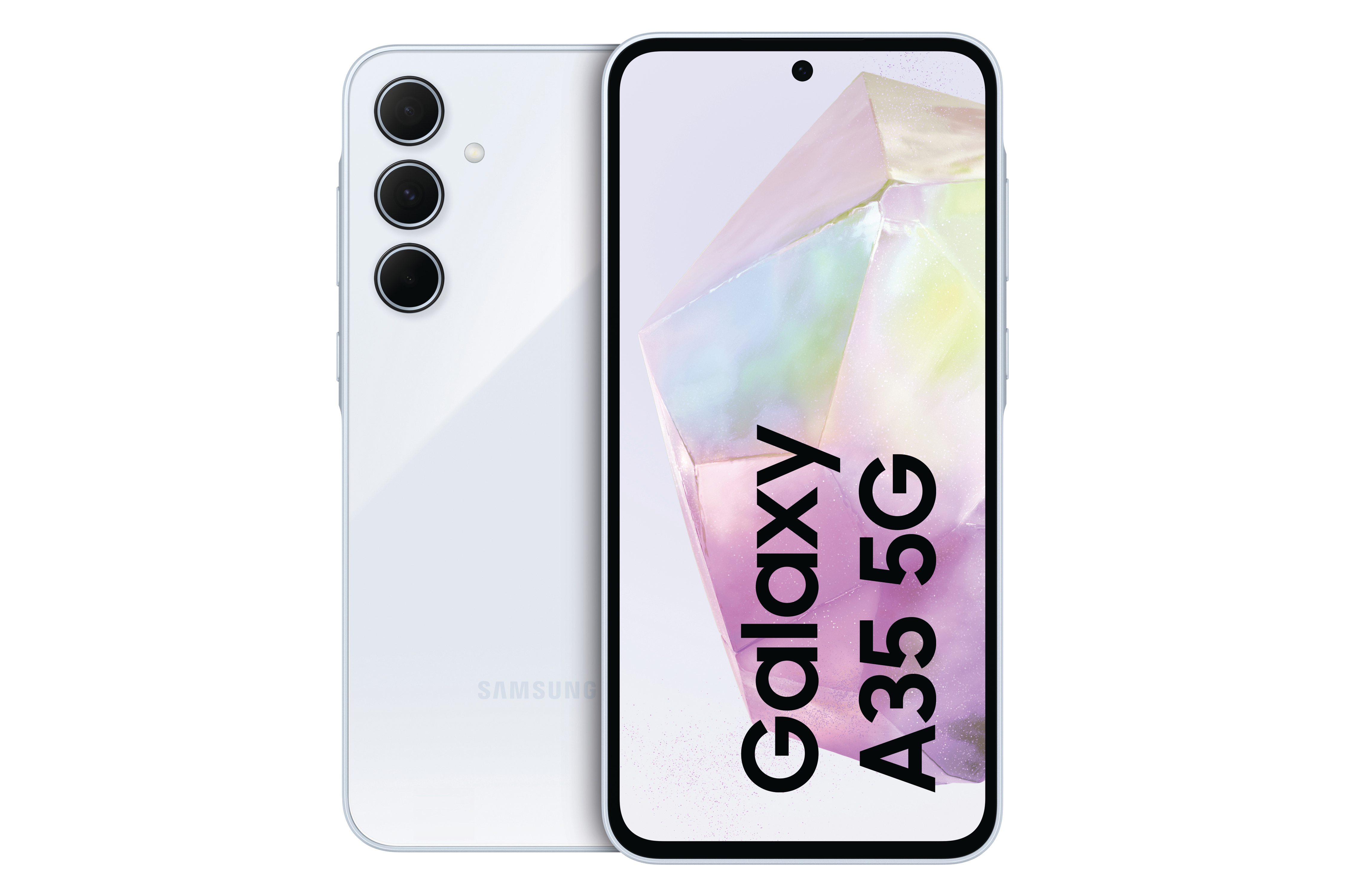 Weißes Samsung Galaxy A35 5G Smartphone, Vorder- und Rückansicht. Verfügt über einen hellblauen Farbton und drei Kameras.
